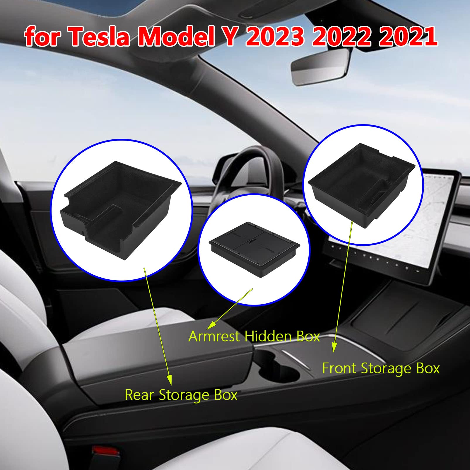 [Pack 4] pour Tesla Model Y 2023 2022 2021 Accessoire, Plateau Organisateur de Console Centrale floquée pour Model Y, boîte de Rangement sous siège pour Tesla Model Y