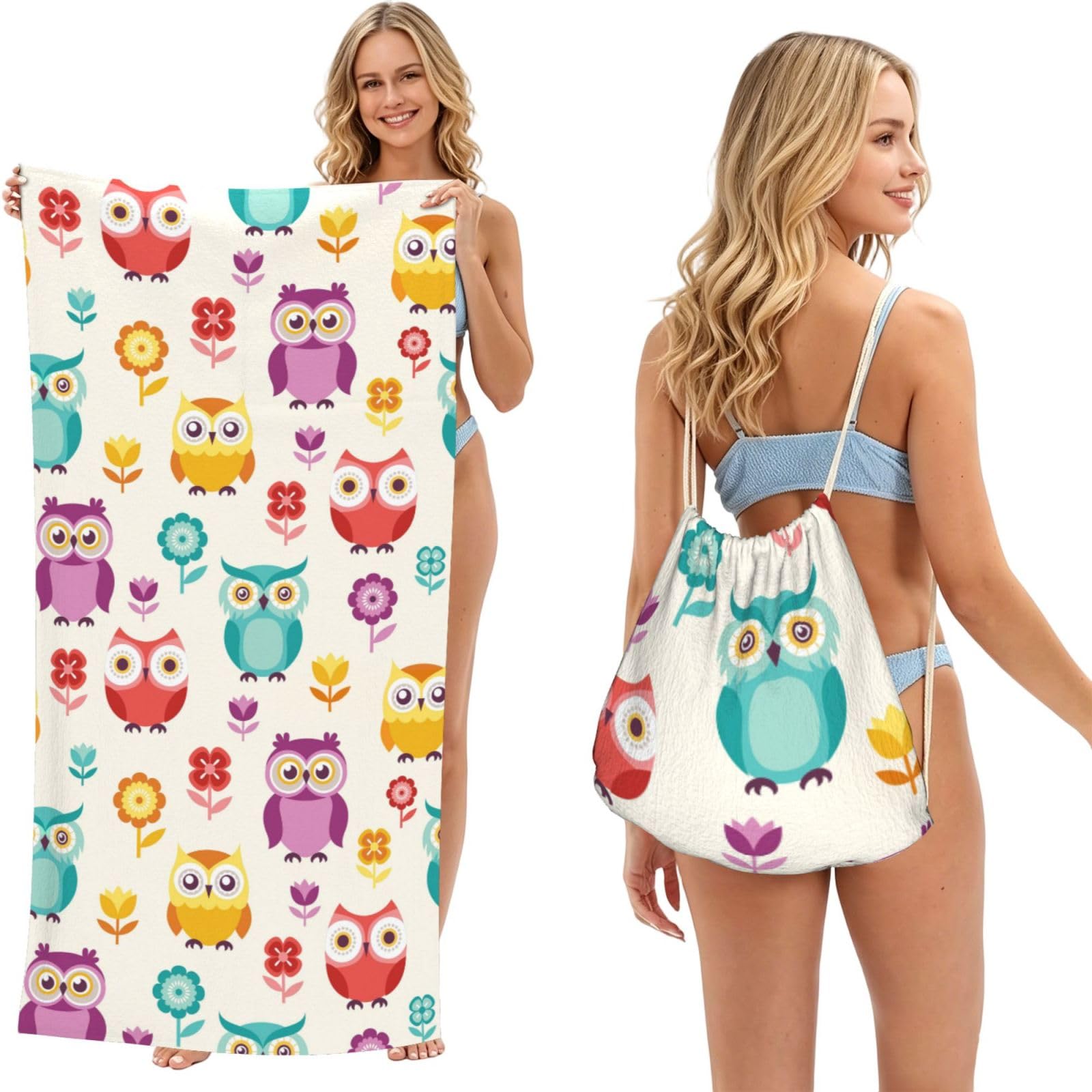 Poadnly As Picture Owl Pattern, 2 In 1 Packable Towel Bag, Beach Towels With Drawstring Backpack For Travel Holiday Camping