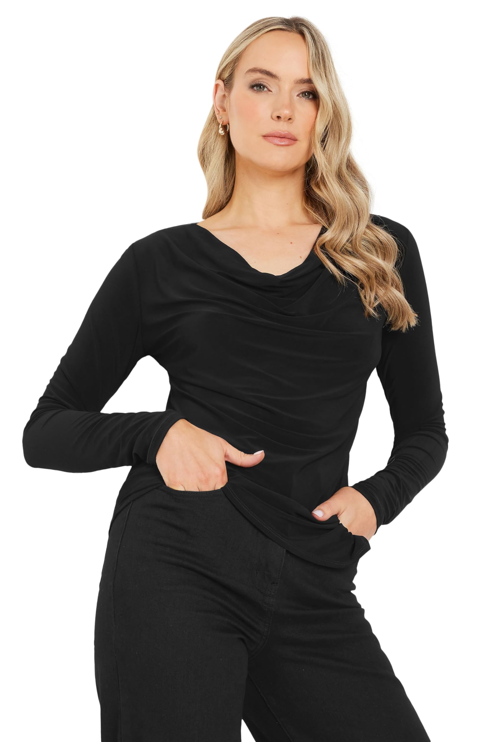 Lts Women's Black Tall Cowl Neck Asymmetric Top Size 14