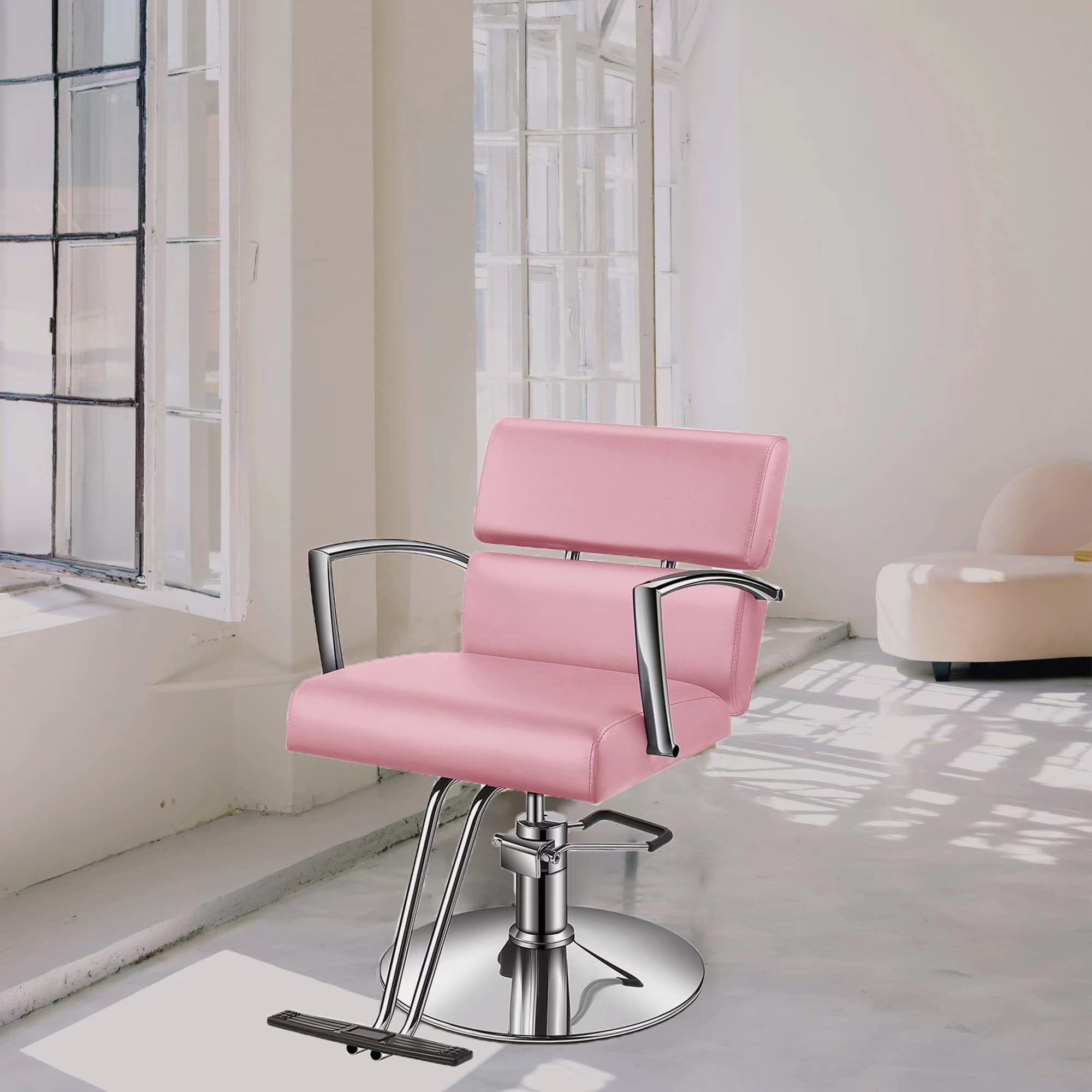 Baasha Professional Salon Chair for Hair Stylist, Pink Hair Chair, Comfortable Styling Chairs with Heavy Duty Round Base for Safety, Height Adjustable, Weight 330 lbs