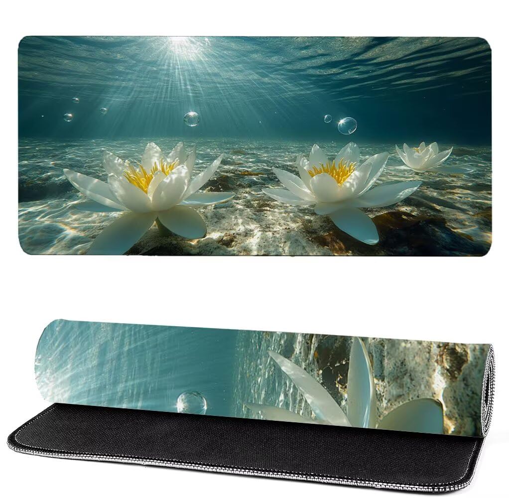 Podkładka pod mysz XXL 1400 x 600 x 3 mm Lotus, podkładka pod mysz do gier krajobraz, poprawa precyzji i szybkości, podkładka pod mysz do gier antypoślizgowa gumowa podstawa, dekoracja biurka MM-167