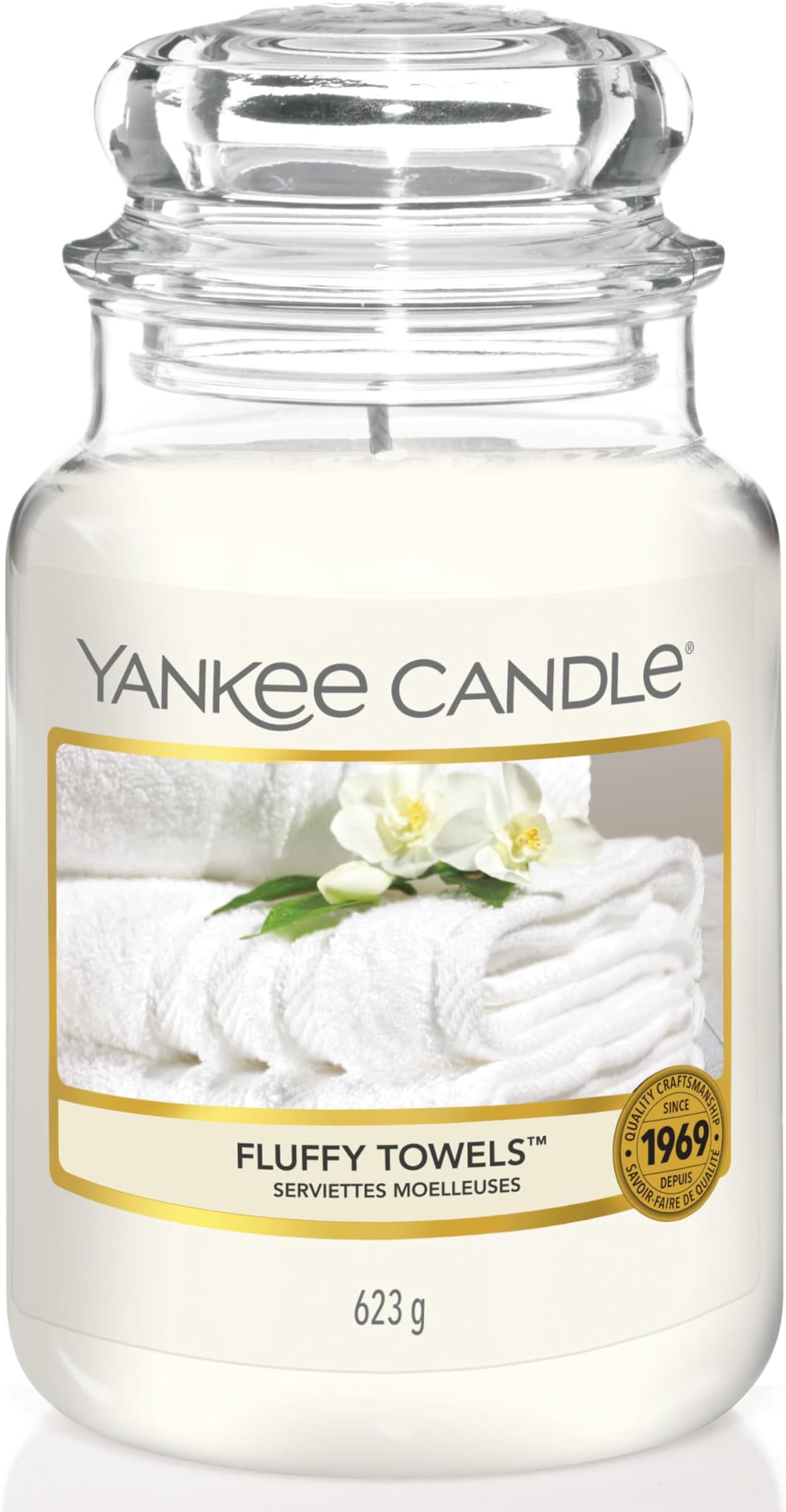 Fluffy Towels Scented, Classic 22oz Large Jar Single Wick Candle, Over 110 Hours of Burn Time