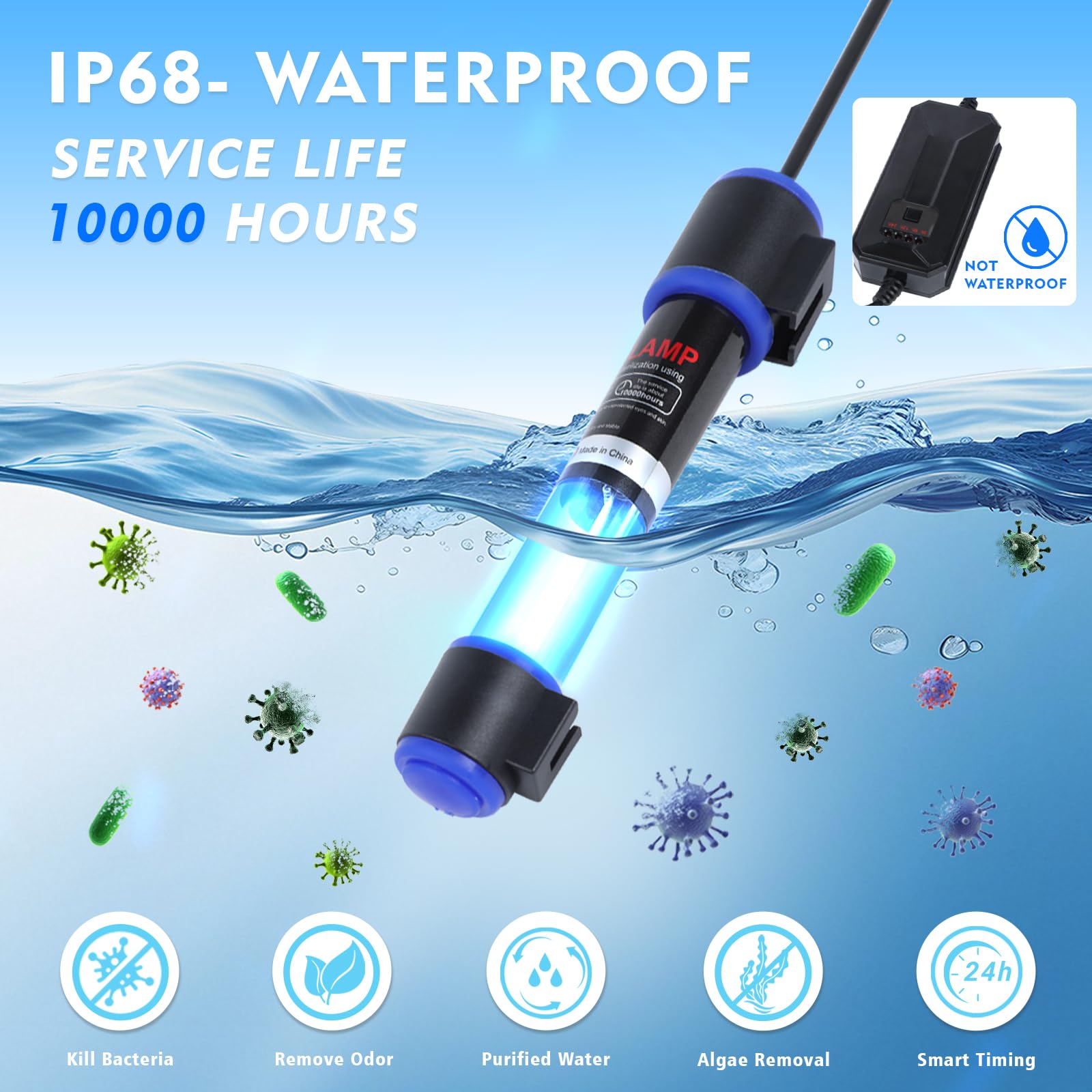 UV-C Aquarium Clean Light with Timer, Mini 3W 5W 7W 9W 11W Submersible Algae Clean Light Water Green Clean Fish Tank Water Clean Lamp for Sump Pond Filter Tank (9W Timer) - image 4