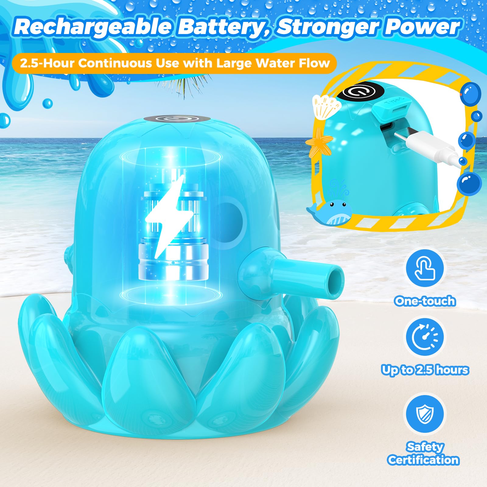 Bomba de mesa de agua – Bomba de agua inalámbrica y recargable para mesa de agua con diseño de pulpo magnético, juguetes de juego de arena y agua al aire libre de instalación rápida y accesorios 5