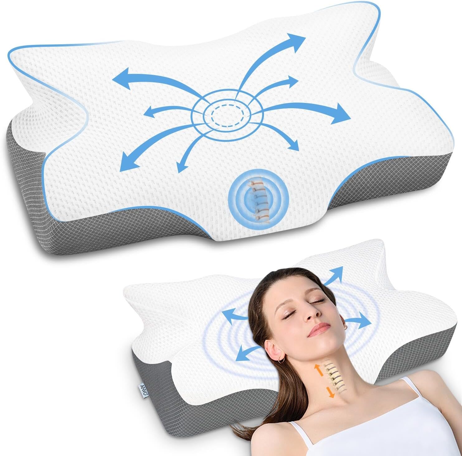 Anvo Cervical Pillow for Neck Pain Relief, Neck Pillows for Pain Relief Sleeping, Memory Foam for Back and Shoulder Pain, Ergonomic Design for Side Back Stomach Sleeper, White Firm Queen