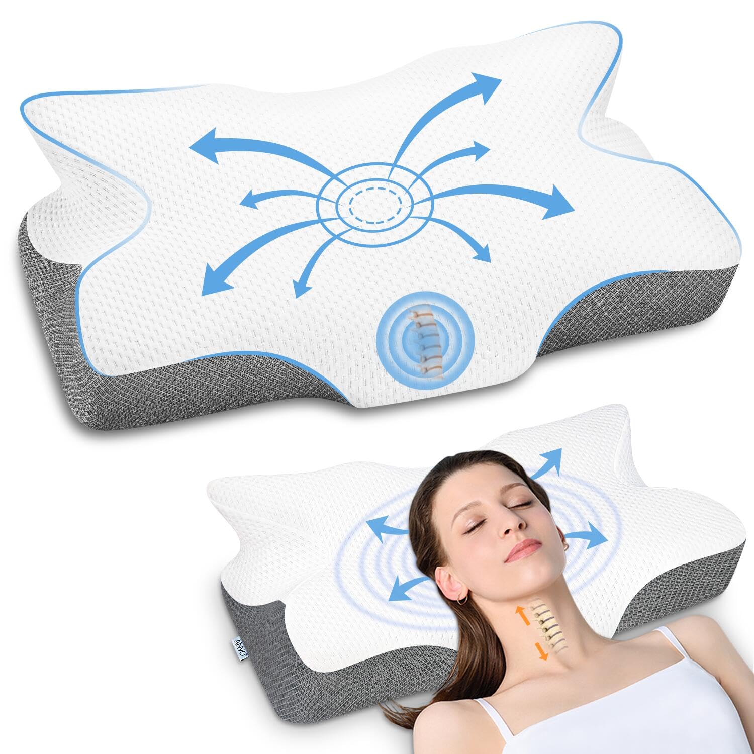 anvo cervical pillow for neck pain relief, neck pillows for pain relief sleeping, memory foam for back and shoulder pain, ergonomic design for side back stomach sleeper, white firm queen