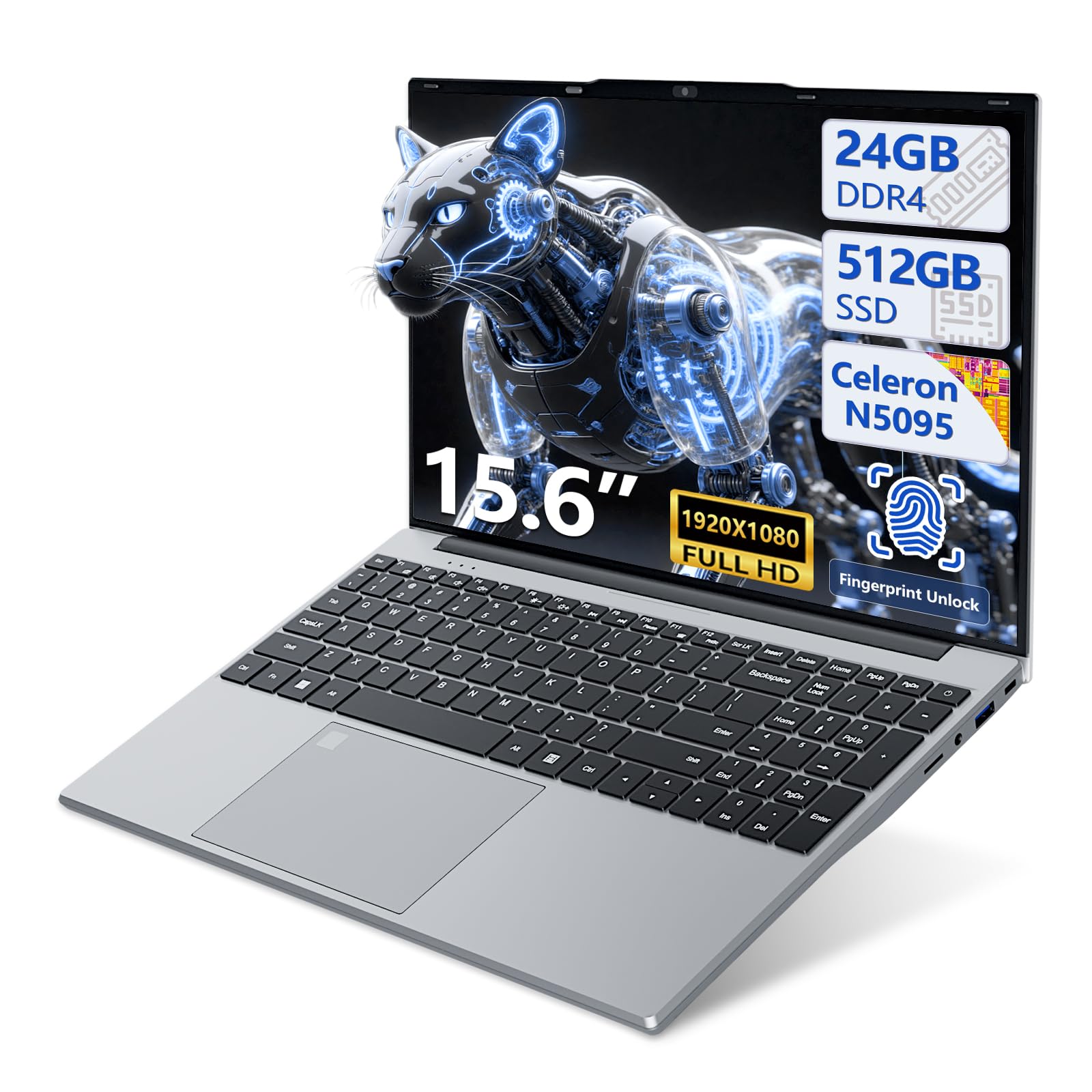 Notebook Win 11, 15,6 Pollici PC Portatile 24GB RAM 512GB SSD, Celeron N5095 CPU, Webcam+BT4.2+USB3.0, Laptop Digitale Tastiera Retroilluminata/Sblocco Impronta Digitale, 180° Flip IPS Schermo