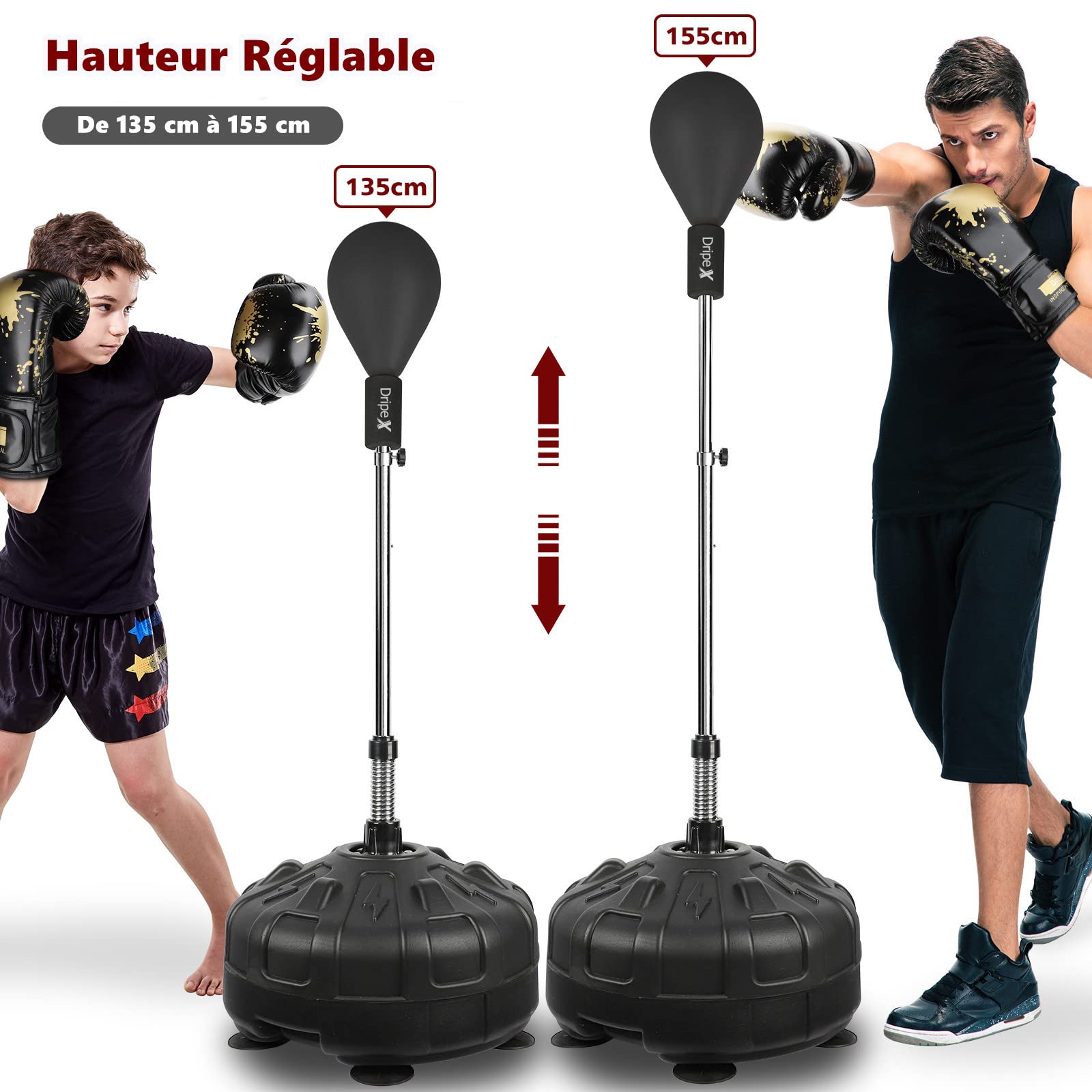 Dripex Punching Ball sur Pied Sac de Frappe Boxe Adolescent avec 6 Ventouses Hauteur Réglable 135 à 155 cm