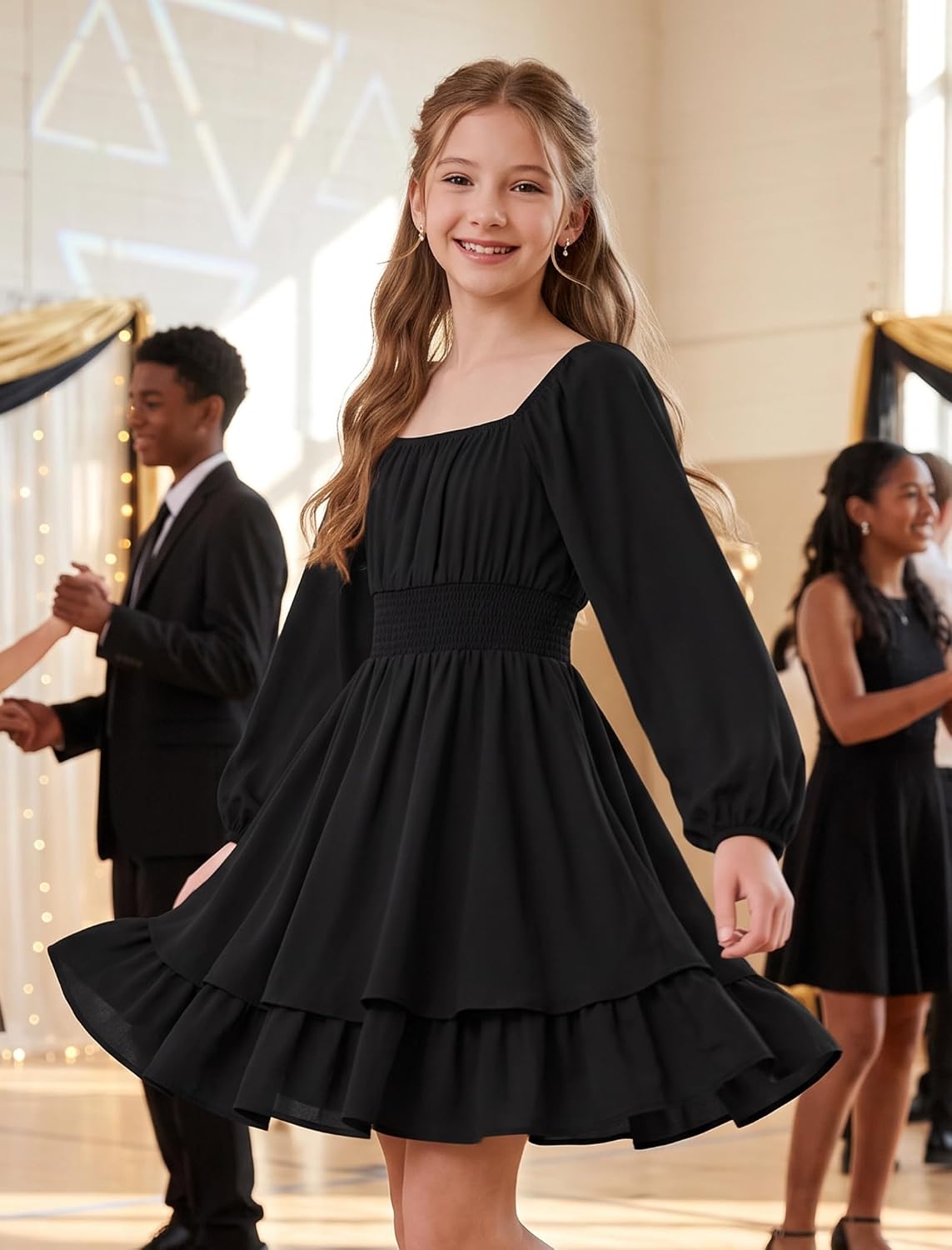 EXARUS Girls Fall Long Sleeve Dress Tween Ruffle Short Floral/Solid Dresses