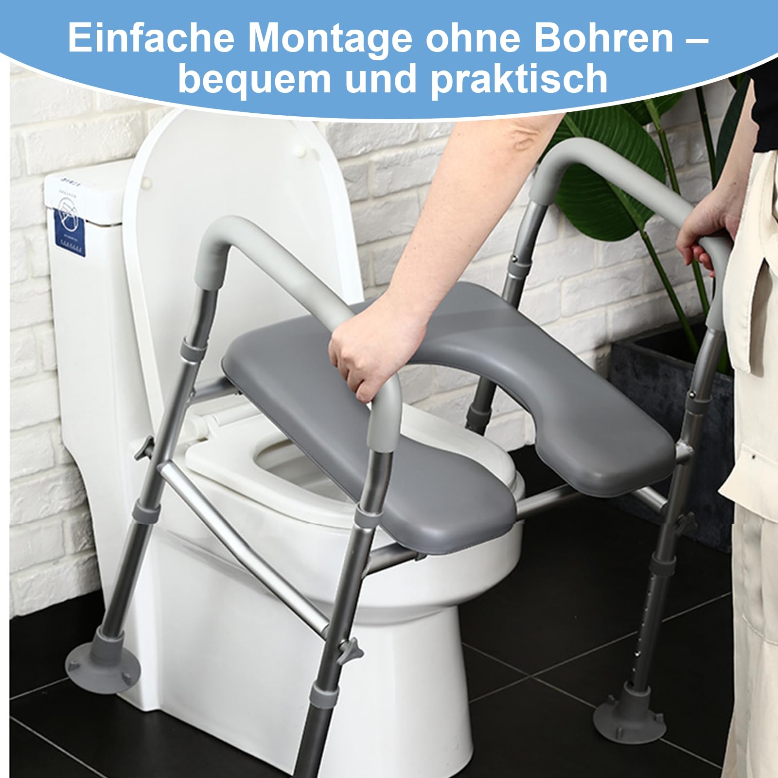 Asiento elevado para inodoro con asas, altura regulable en 8 posiciones, 68 – 85 cm, con soporte para pañuelos, bolsa de almacenamiento de 150 kg para cualquier inodoro, personas mayores