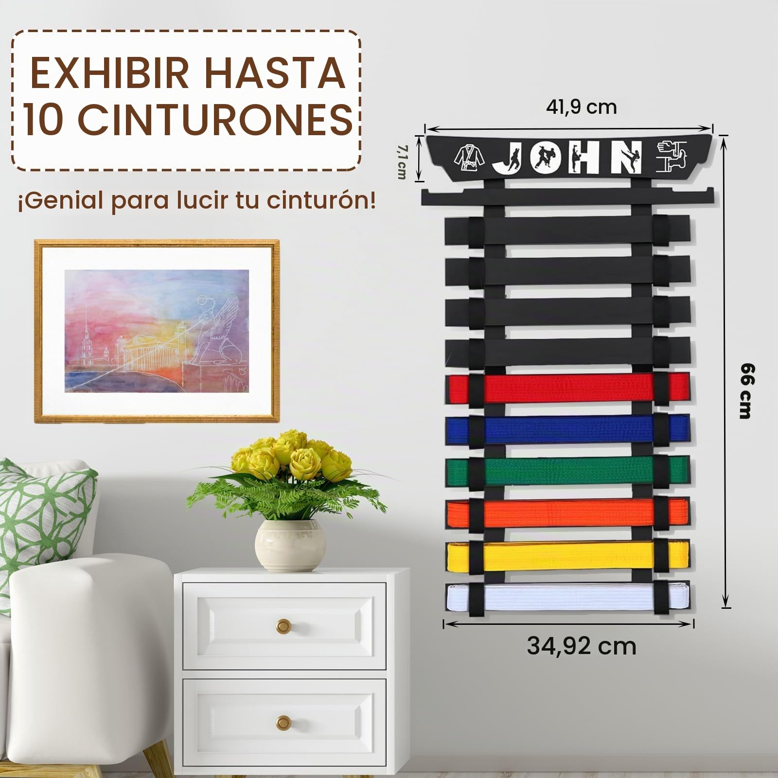 Soporte de Cinturones de Artes Marciales, Soporte de Pared para Cinturón de Judo, para 10 Cinturones de Artes Marciales, Expositor de Cinturón Taekwondo para Artes Marciales, Karate