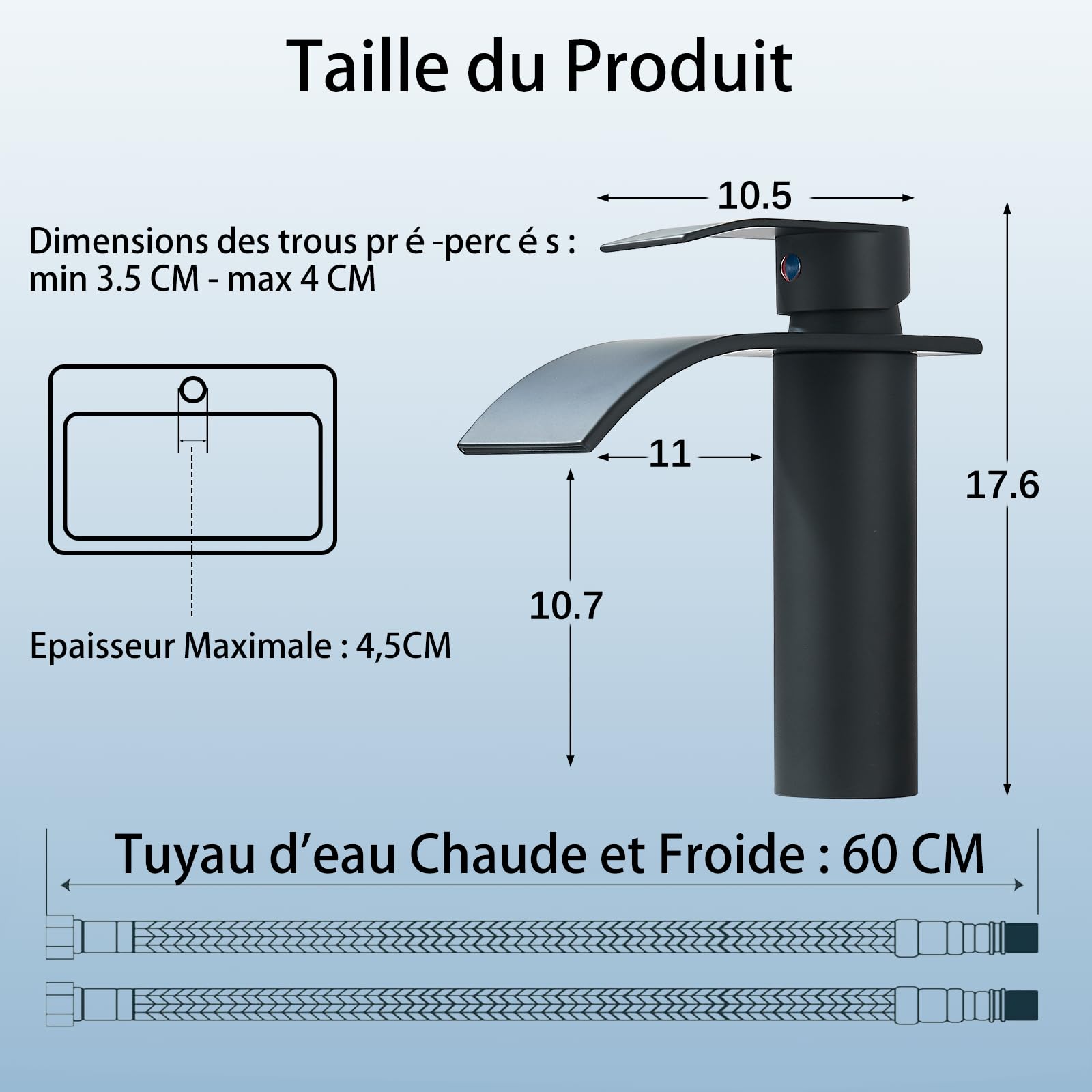 Robinet Salle de Bain Noir,Mitigeur Lavabo Cascade en Acier Inoxydable,Mitigeur Monocommande pour Eau Chaude et Froide dans la Salle de Bain