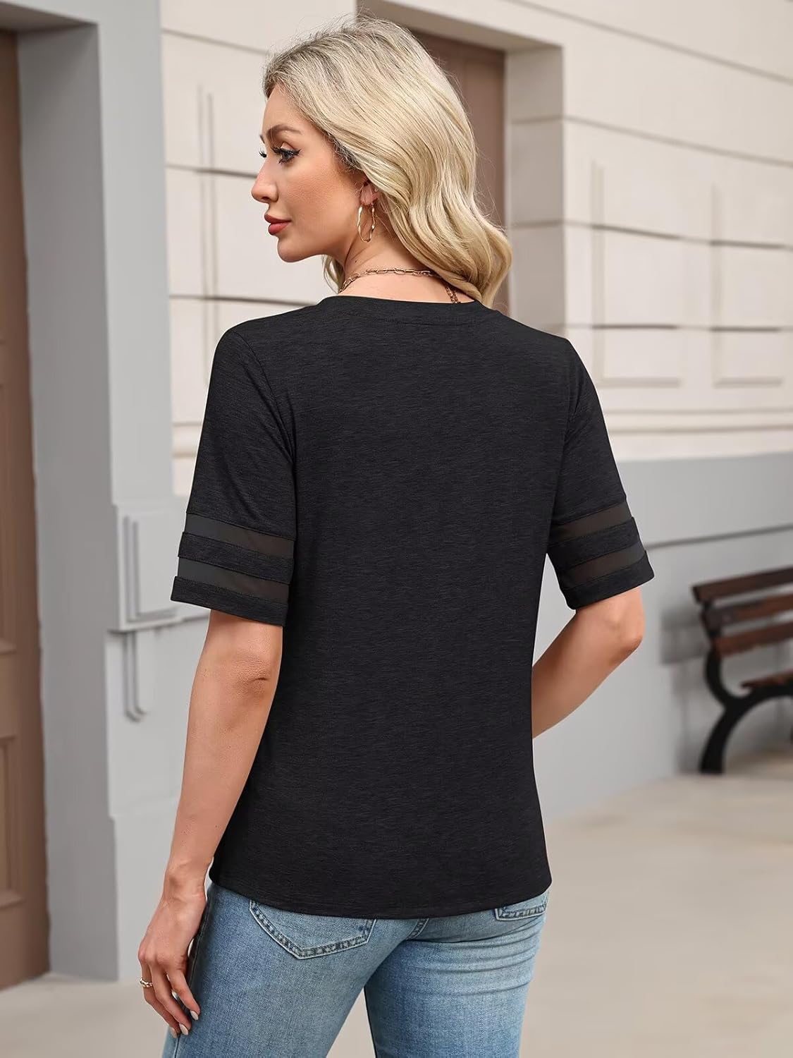 Women's V Neck T Shirts Mesh Panel Short Sleeve Tops Casual Summer Tees - Image 4