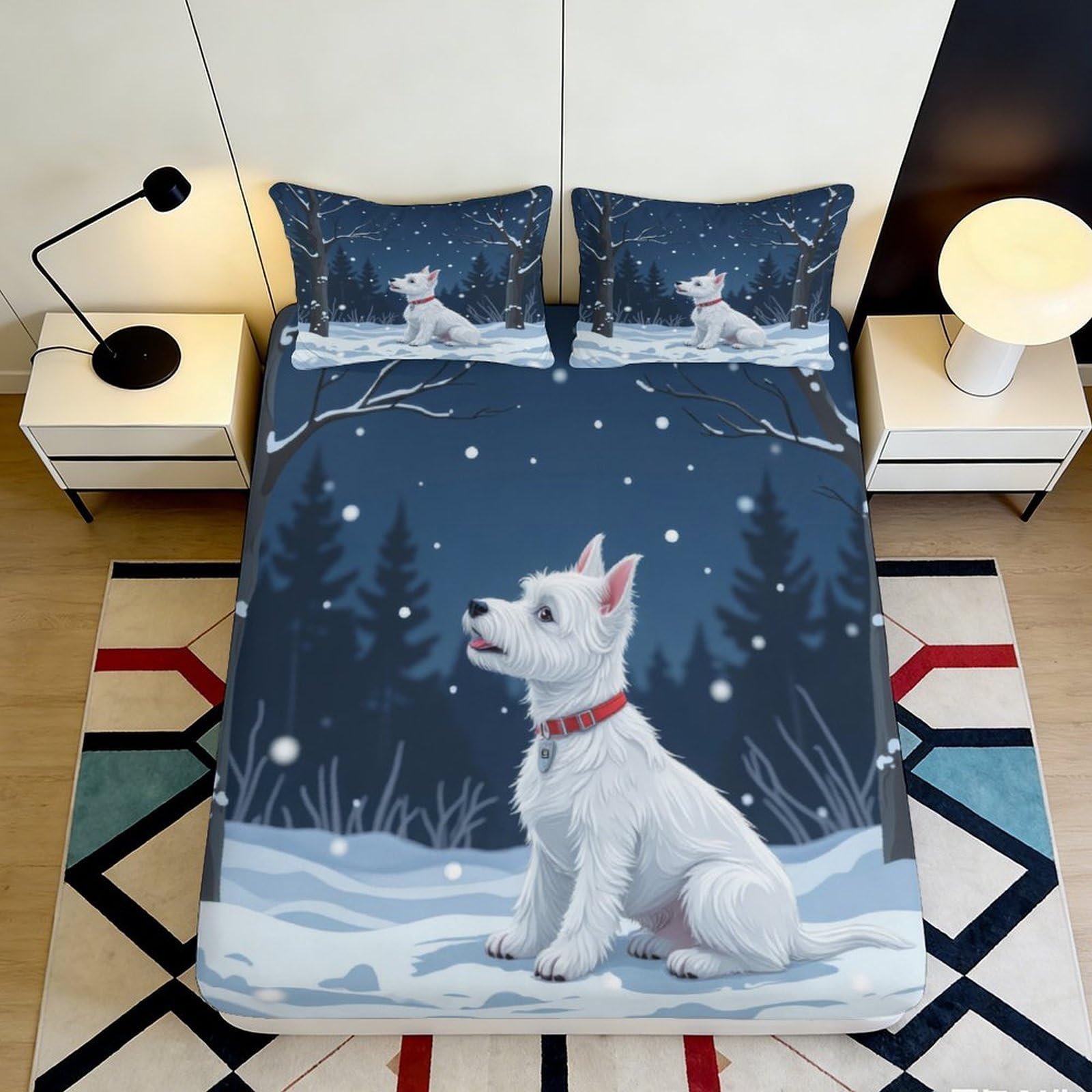 3D Printed Snowy Forest Dog Fitted Sheet Microfiber Non Slip Bed Sheet for Bedroom Guestroom Home Decor Mattress Cover 90x200x25cm