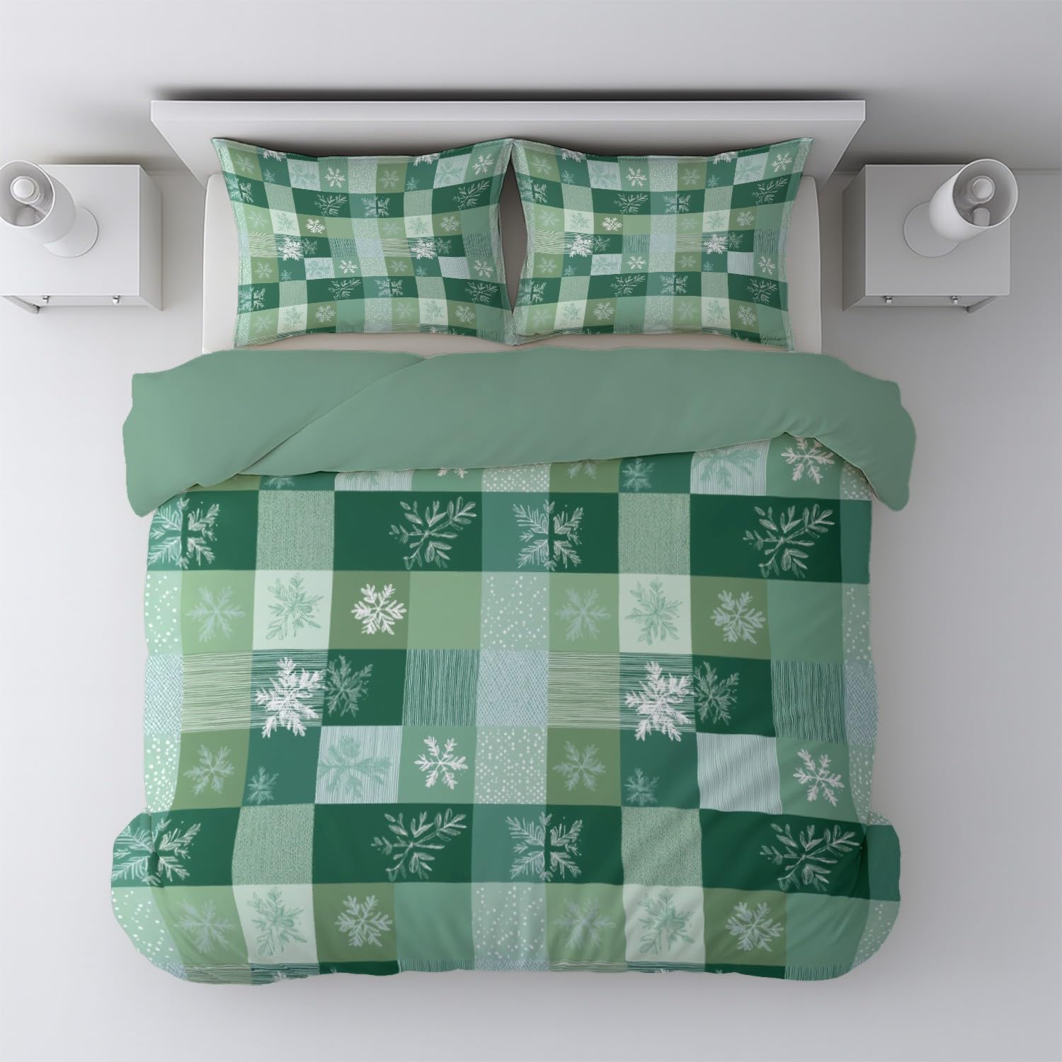 Generico Set Copripiumino Matrimoniale 220 x 240 CM 3 Pezzi Include 2 federe 80 x 80 CM Fresco quadretti fiocco di neve Set di Biancheria da Letto in Microfibra Traspirante e Caldo-Verde