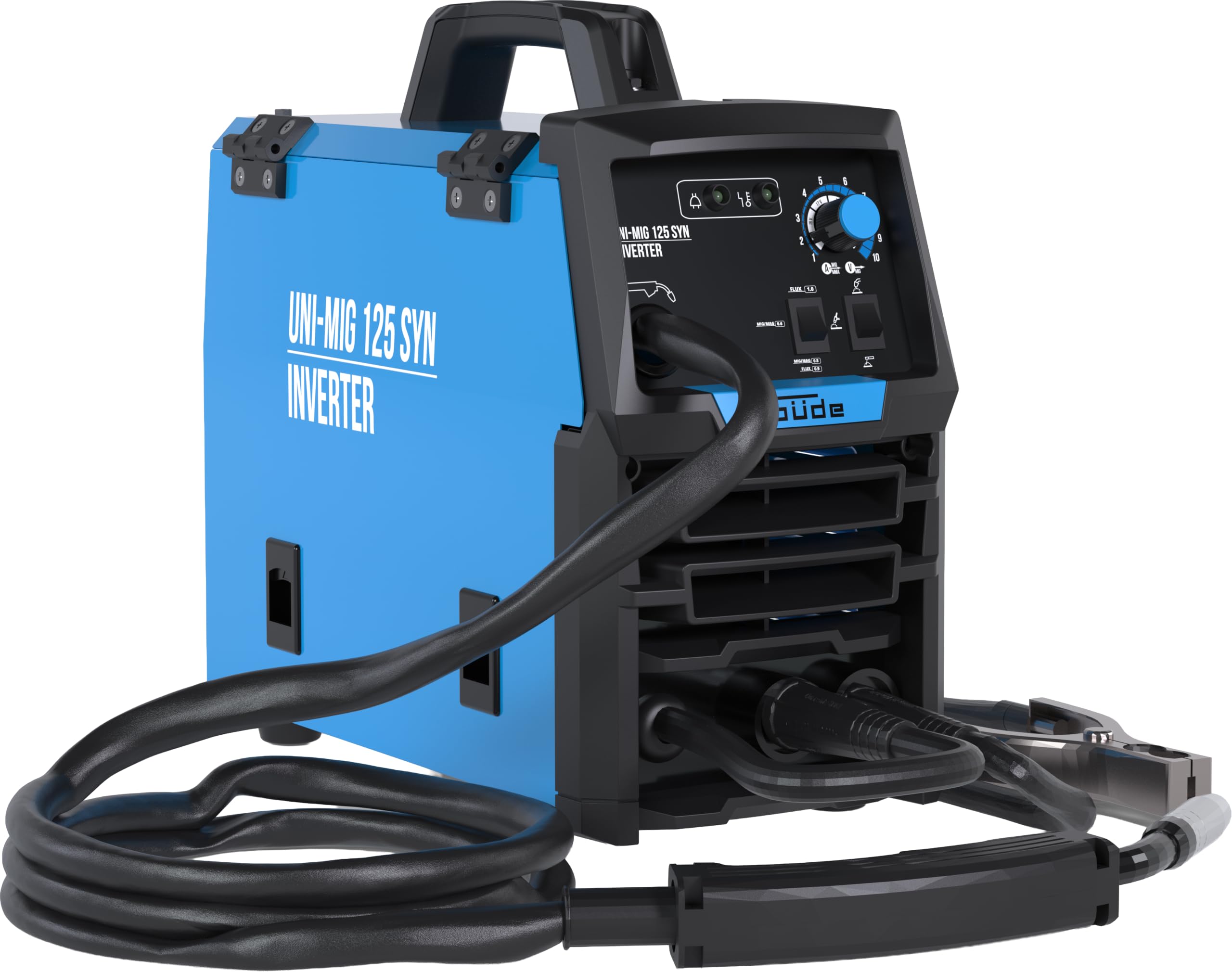 Güde Uniwersalna spawarka Uni-Mig 125 SYN (230 V, 4 w 1, maks. prąd spawania 120 A, regulator 20-120 A, w zestawie uchwyt elektrody, pakiet węży, zacisk masowy, młotek żużlowy, tarcza spawalnicza i