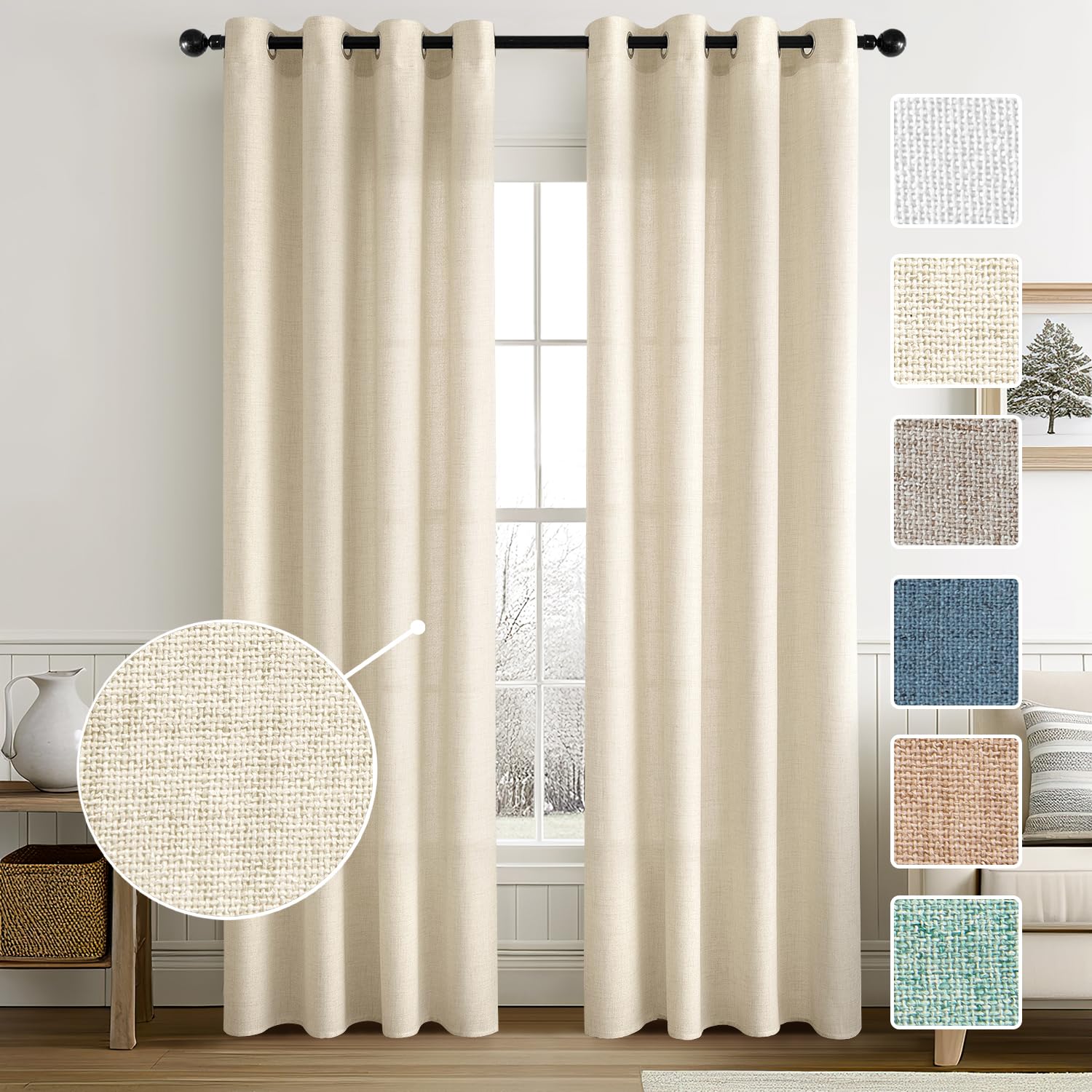 MIULEE Wohnzimmer Vorhänge Gardinen Leinen Ösenvorhang Leinenoptik Vorhang Boho Gardine mit Ösen Semi-transparent Leinenvorhang Curtains 2er Set HxB 145x140 cm，Natur