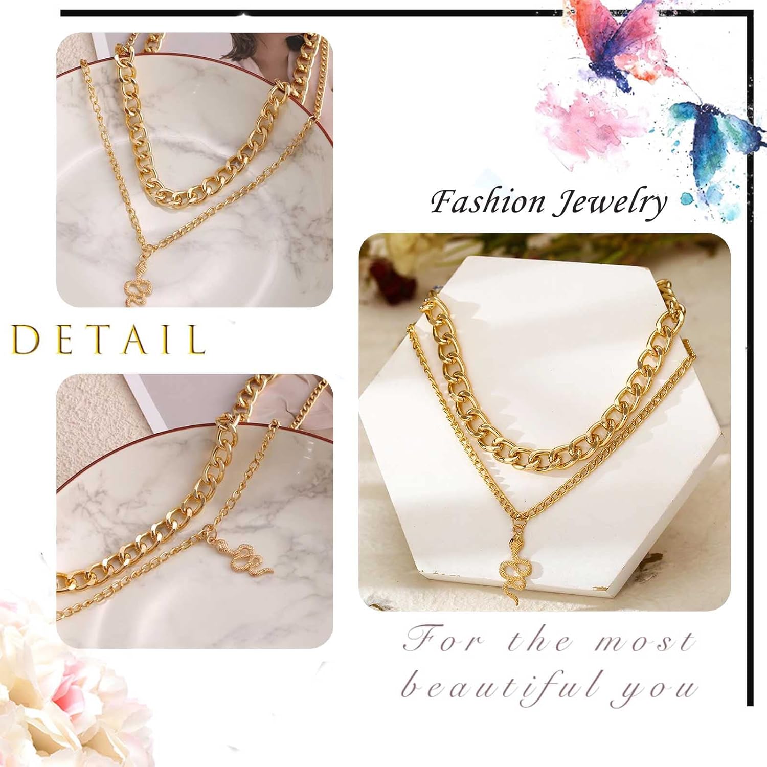 Layered Snake Choker Necklace Gold Snake Chunky Chain Necklace Punk Cuban Link Chain Necklace Personalized Serpent Animal Pendant Necklace Chain Jewelry for Women Men - Image 4