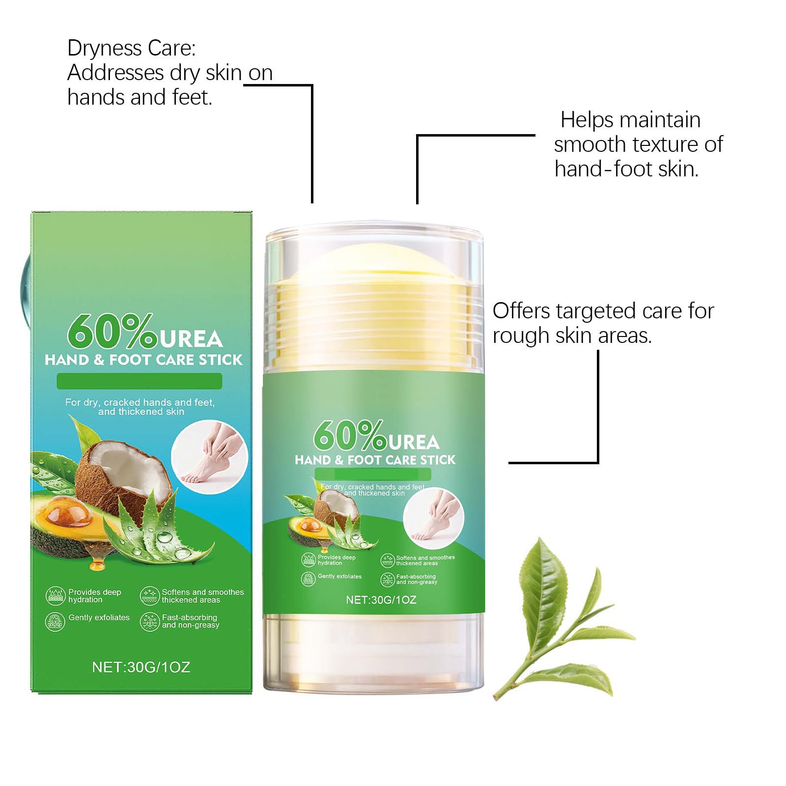 Crema para pies 60% de urea contra talones secos y agrietados, lápiz para pies de aloe vera, hidrata intensamente, exfolia suavemente, práctico lápiz de crema para pies para talones agrietados y piel