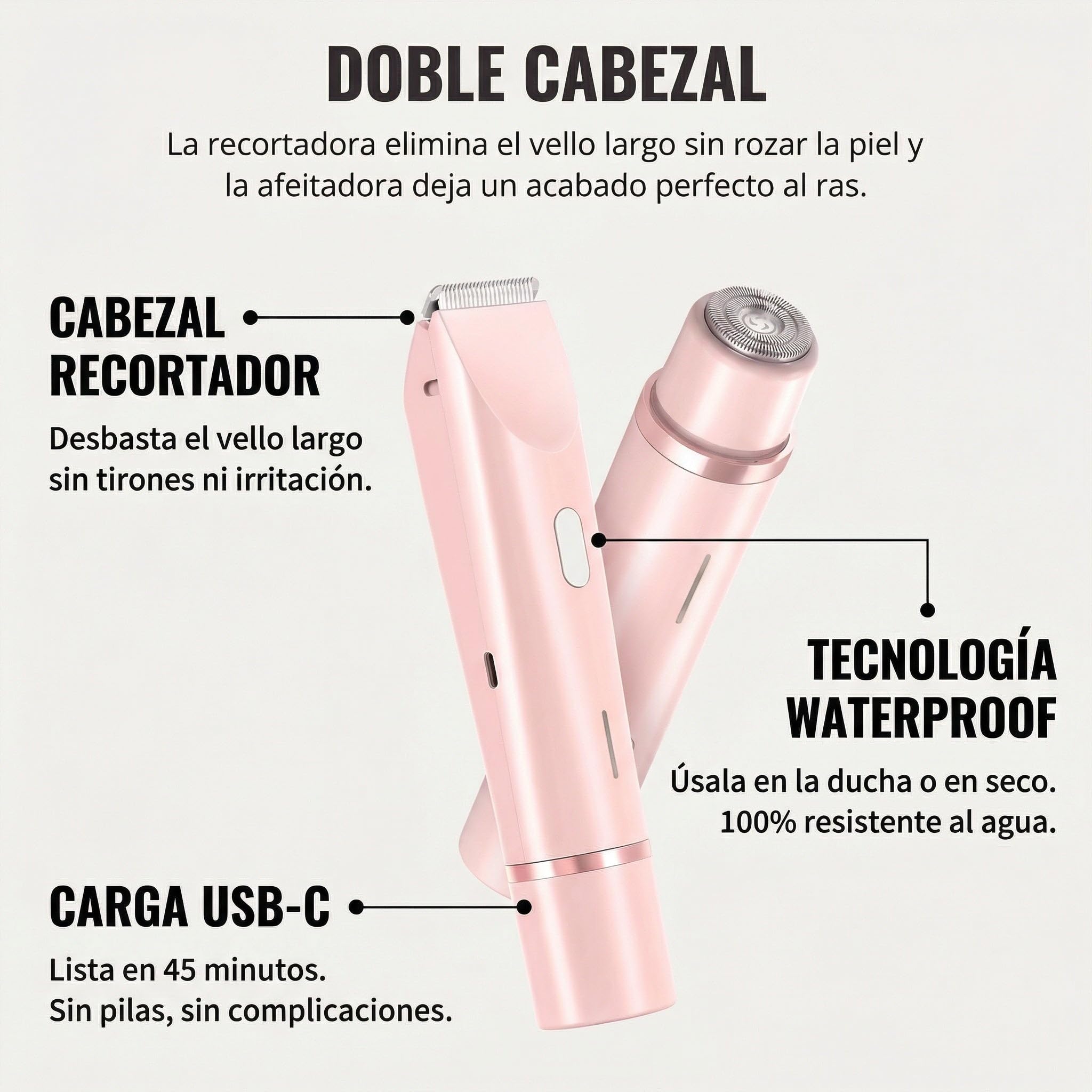 razerly maquinilla mujer, Afeitadora Corporal Mujer 2 en 1 con Recortadora Bikini Waterproof USB-C, Maquinilla Electrica Femenina para Zona Intima Axilas Piernas y Piel Sensible