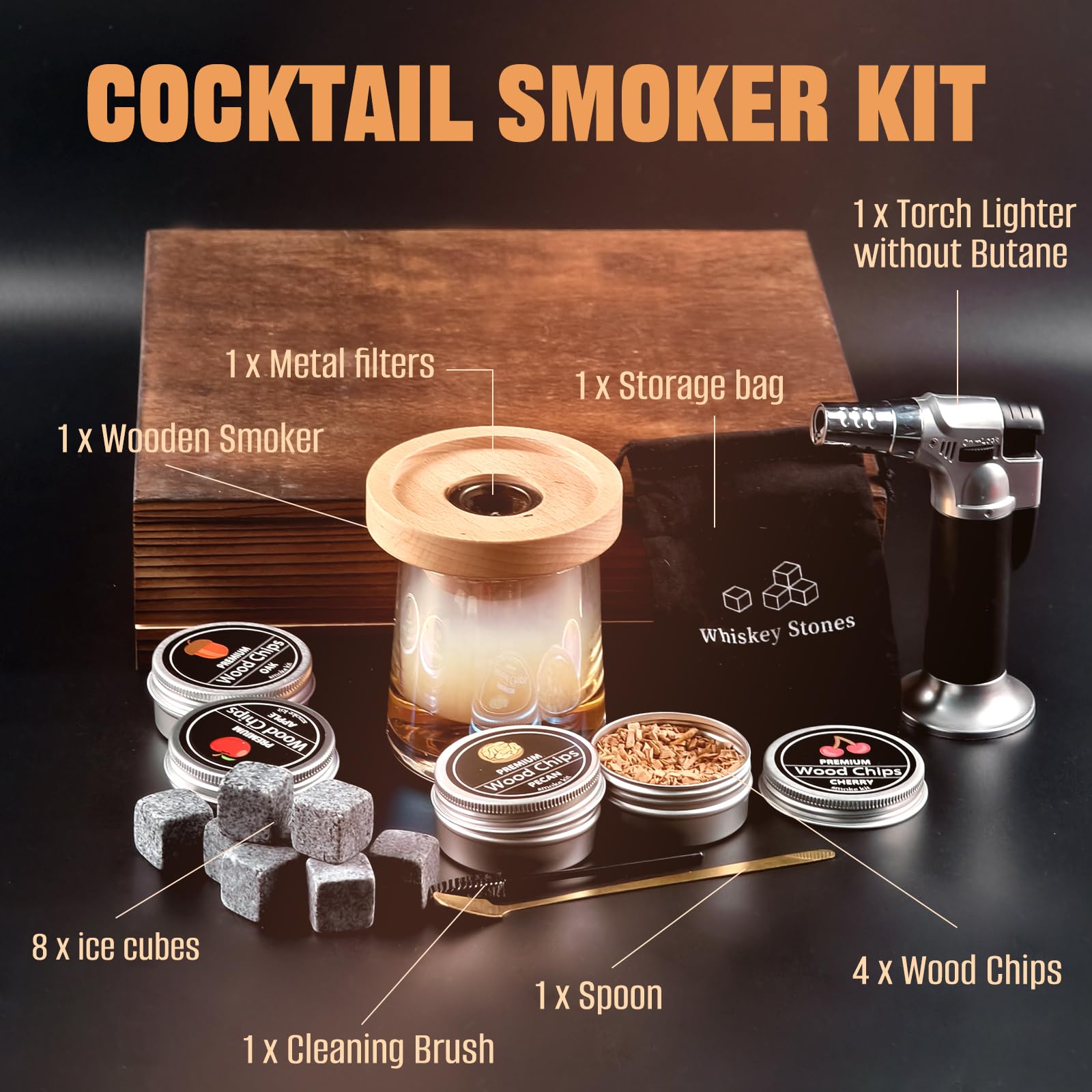 Kit de Fumoir Cocktail, MKNZOME Kit de Fumoir à Whisky à l'ancienne avec 4 Saveurs de Copeaux de Bois Ensemble Fumeur Cocktail Cadeau d'anniversaire Noël Fête des Pères pour Homme, Papa, Mari