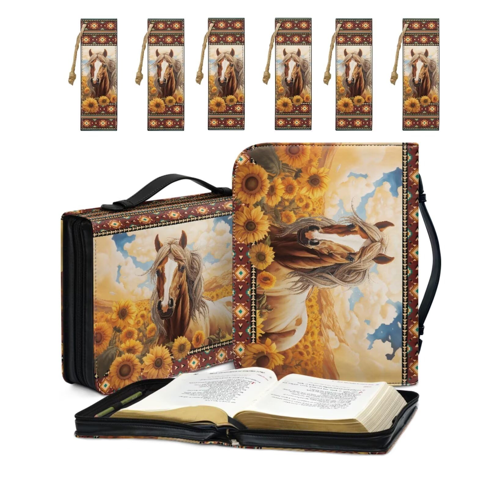 COEQINE Lot de 7 housses de protection en cuir pour femme avec poignée – Motif tournesol – Lot de 6 marque-pages et étui marron pour la Bible