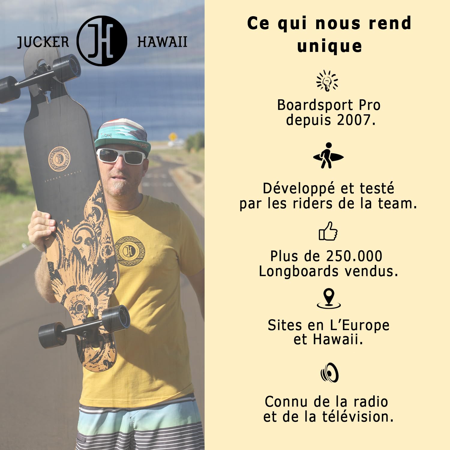 JUCKER HAWAII Longboard HOKU Longboard en 2 niveaux flexibles – Tous designs et versions – Construction en fibre de verre avec bambou et érable canadien.