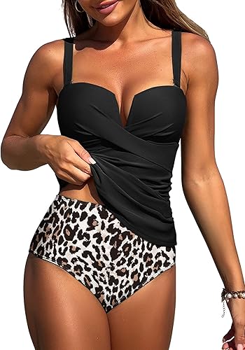 ZAFUL Women's Two Piece Tankini Swimsuits Tummy Control Crisscross Bathing Suits V-Wire Swim Tank Tops with Briefs