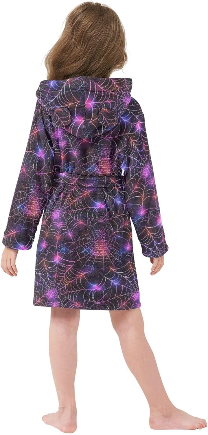 Spiderweb Pattern Halloween Bathrobe Hooded PJ Robe Soft Fleece Robe Pajama Sleepwear 2-12 Years