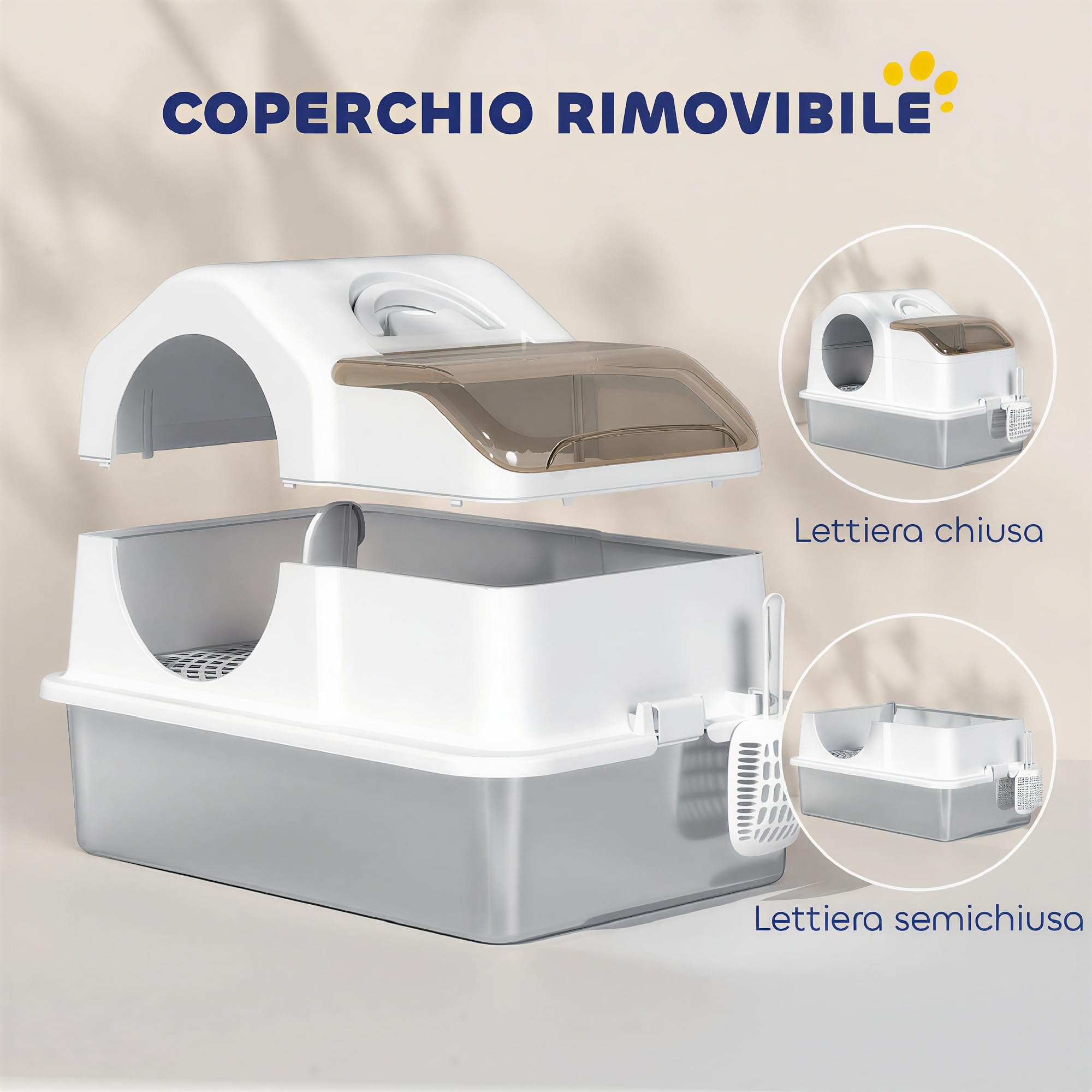PawHut Lettiera Gatto Chiusa XL in Acciaio Inox 60.5x40.5x45cm Bianco | Con Coperchio, Toilette per Gatti 36L con Pareti Alte, Paletta, Tappetino Raccogli-sabbia
