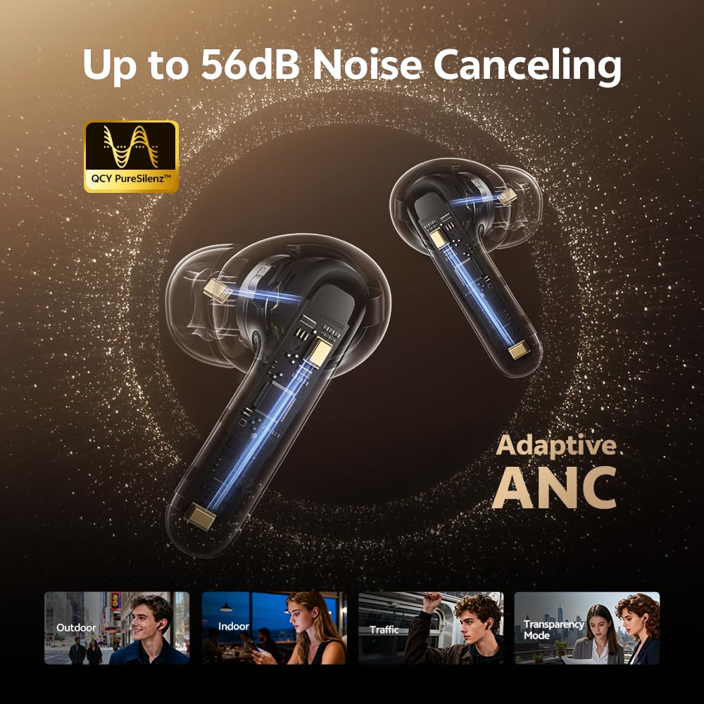 QCY Melobuds N60 Auriculares Inalámbricos con Cancelación de Ruido Adaptativa, ANC en Tiempo Real, Bluetooth 6.0, Hi-Res Sonido LDAC, Graves Intensos, Llamadas Claras con IA y 6Mics, 45H Reproducción | LDAC Hi-Res, -56dB ANC, controladores dinámicos de 6