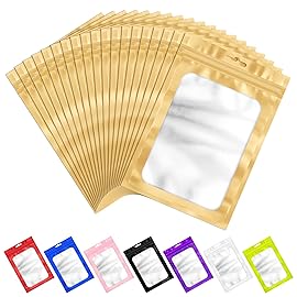 ANZNKU 100 Pcs Resealable Mylar Bags with Frosted Clear Window Packaging Bags Foil Pouch Zipper Bag for Food Self Sealing Storage Supplies (4.72x7.1 inches, Light Gold)