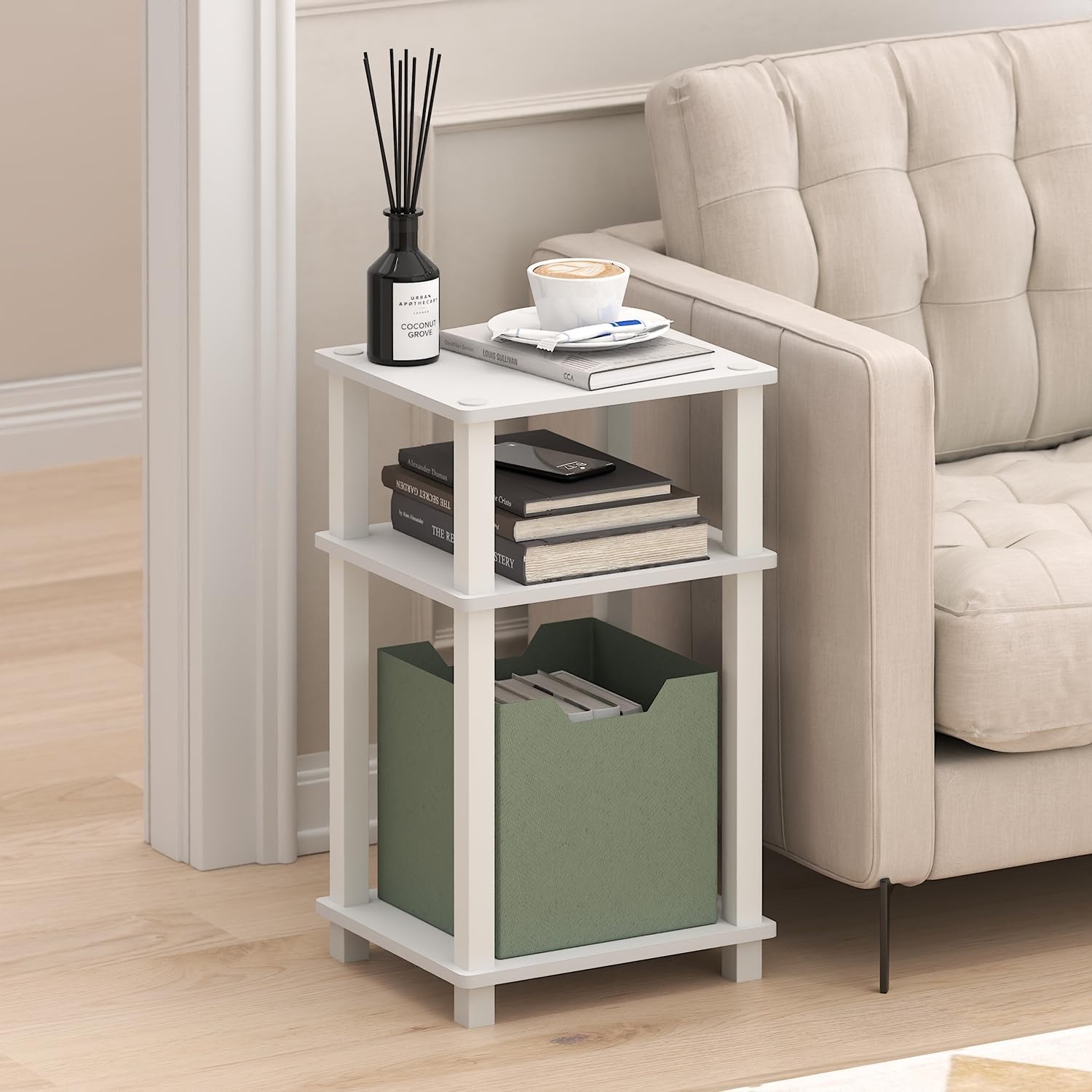 Furinno JUST Side Table, 3-Tier Open Shelf End Table, Toolless Assembly Night Stand, Bedside Table with Square Tube, for Living Room, Bedroom, White