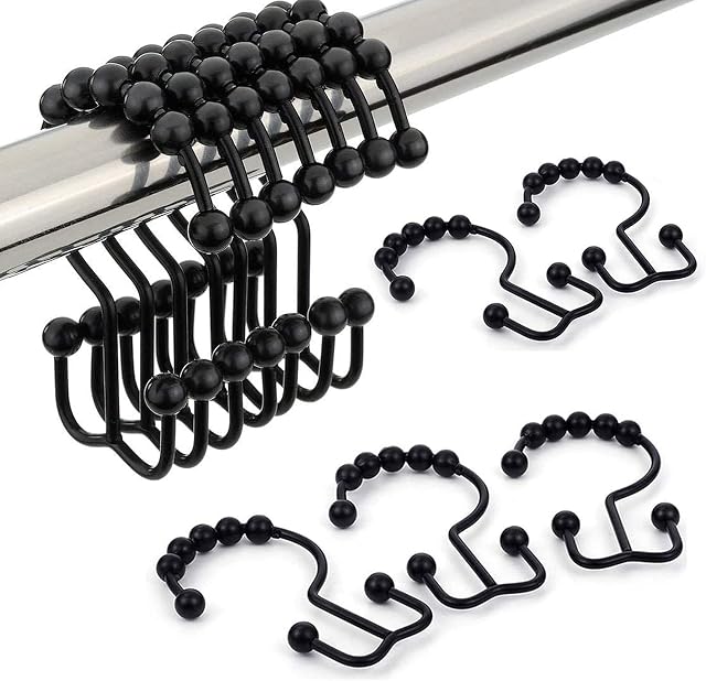 BLBK Shower Curtain Hooks Rings, Stainless Steel Metal Double Glide Black Shower Curtain Hooks for Curtain, Shower Curtain & Liner, Set of 12