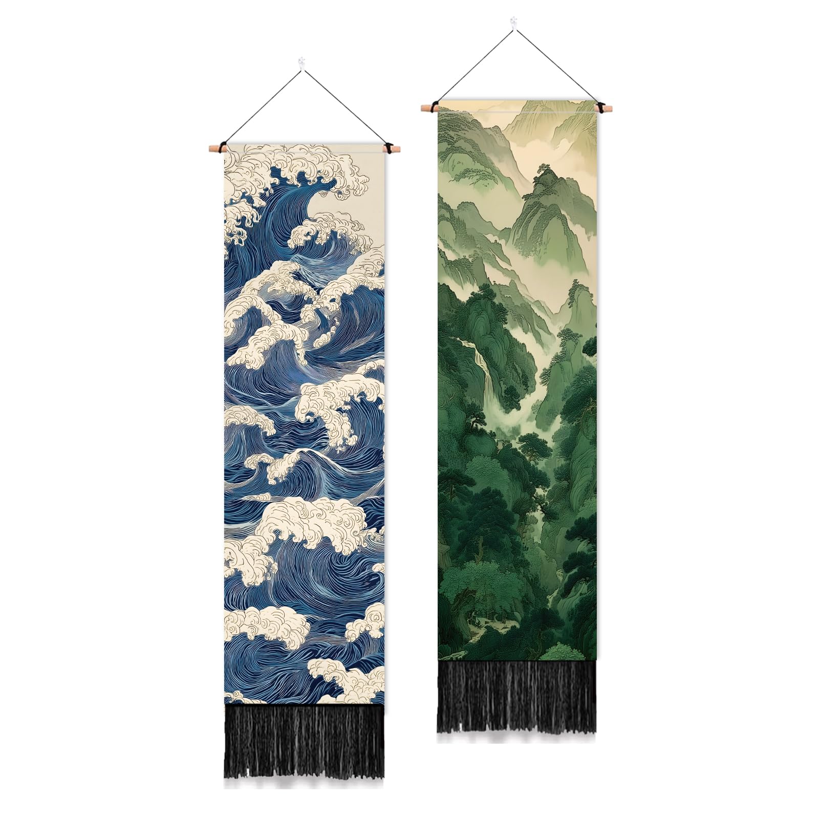 PLIGREAT 2 Pack Japanese Landscape Wall Tapestry Retro Mountain Sea Wall Hanging with Tassels Decorative Aesthetic Vertical Tapestry for Bedroom Living Room Home Decorations, 130 x 33cm