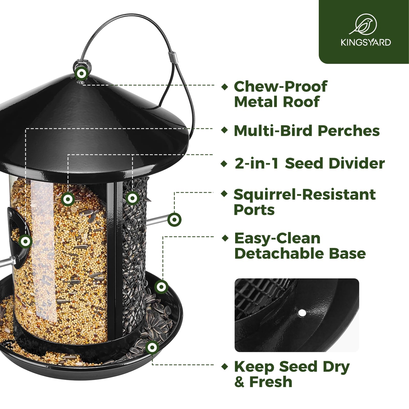Kingsyard Comedero de metal para pájaros para colgar al aire libre, comedero para pájaros silvestres a prueba de masticación con doble cámara de 4 libras de capacidad para pinzón cardenal Bluebird