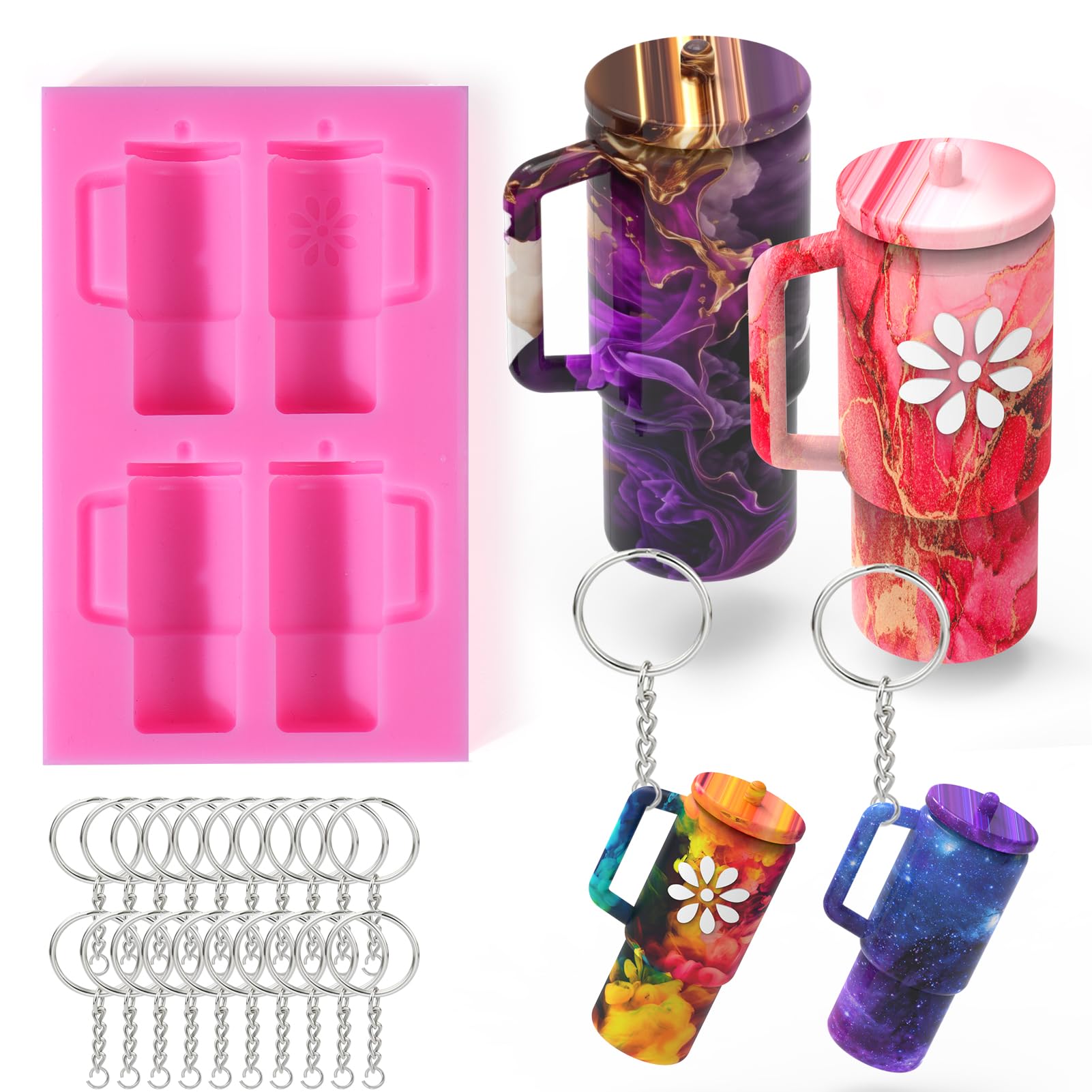 Juome Keychain Resin Molds Silicone for Stanley Cup Tumbler, Cup Shaped Key Chain Epoxy Resin Molds with 4 Stereoscopic Cavities, Silicone Molds for Epoxy Resin, DIY Keychains Pendant Ornaments Making