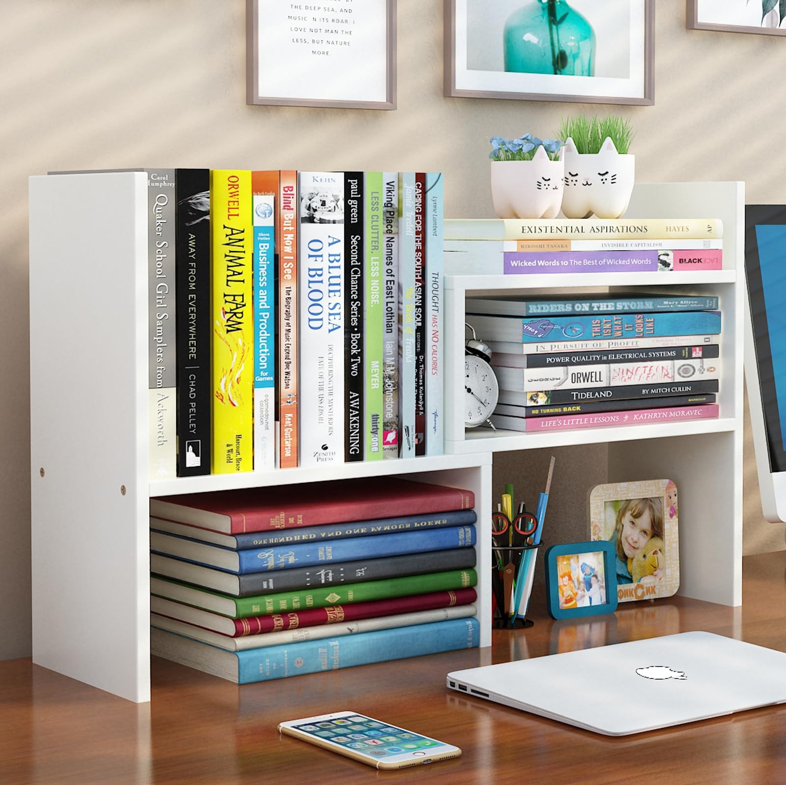 Dyserbuy Desktop Shelf Organizer Office Storage, Expandable Bookshelf Display Rack, Versatility Office Supplies Desk Organizer, Free Style Adjustable Desktop Bookcase Stand Shelf (White)