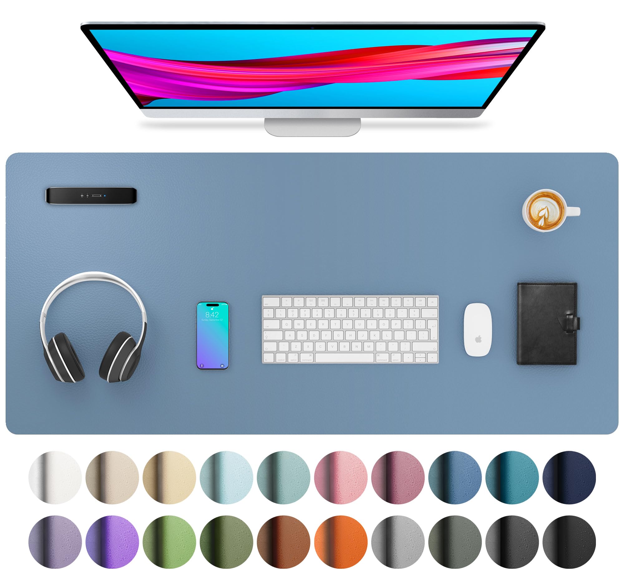 Aothia Leather Desk Pad Protector, Mouse Pad, Office Desk Mat, Non-Slip PU Leather Desk Blotter, Laptop Desk Pad, Waterproof Desk Writing Pad for Office and Home (Denim Blue, 36" x 17")