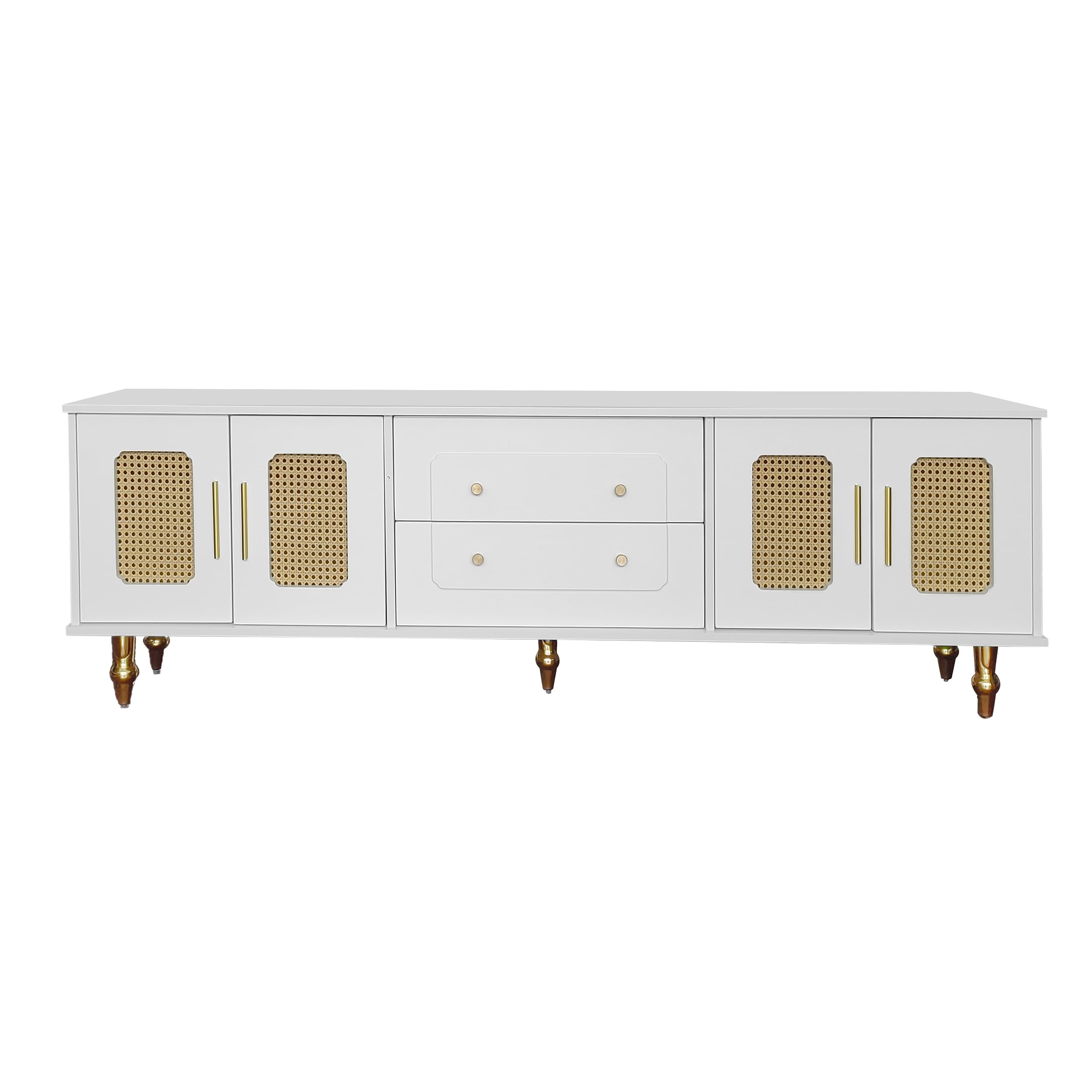 Mueble de TV de estilo retro con 6 compartimentos de almacenamiento, asas doradas, puerta de ratán y patas de metal, aparador de TV para salón (blanco, 175 x 38 x 55,5 cm)