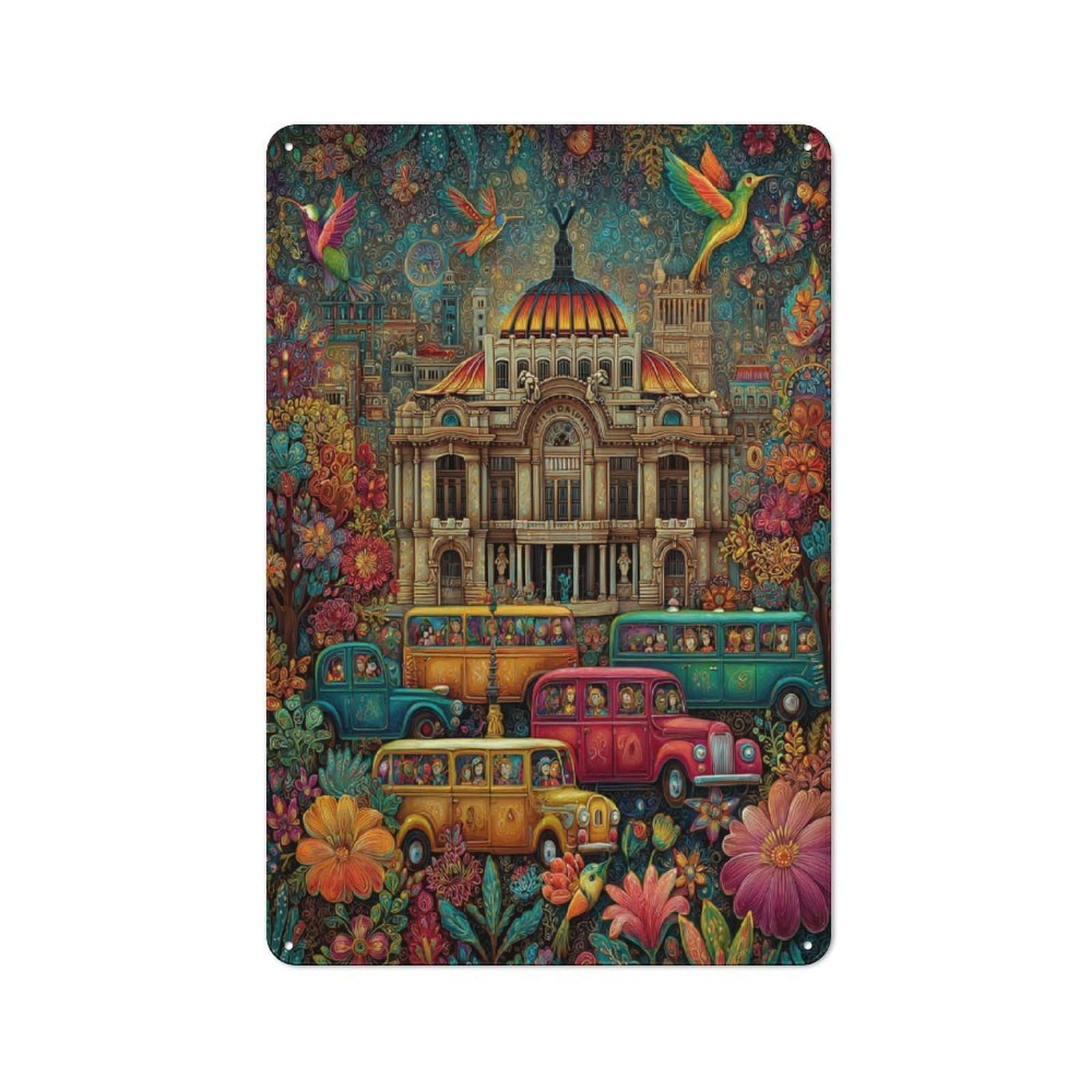 Junmoney Colorful Fantasy Cityscape With Vintage Cars Retro Metal Sign 30X20cm, Garage Style Shed Wall Plaque For Garage, Hobby Room, Office Or Man Cave