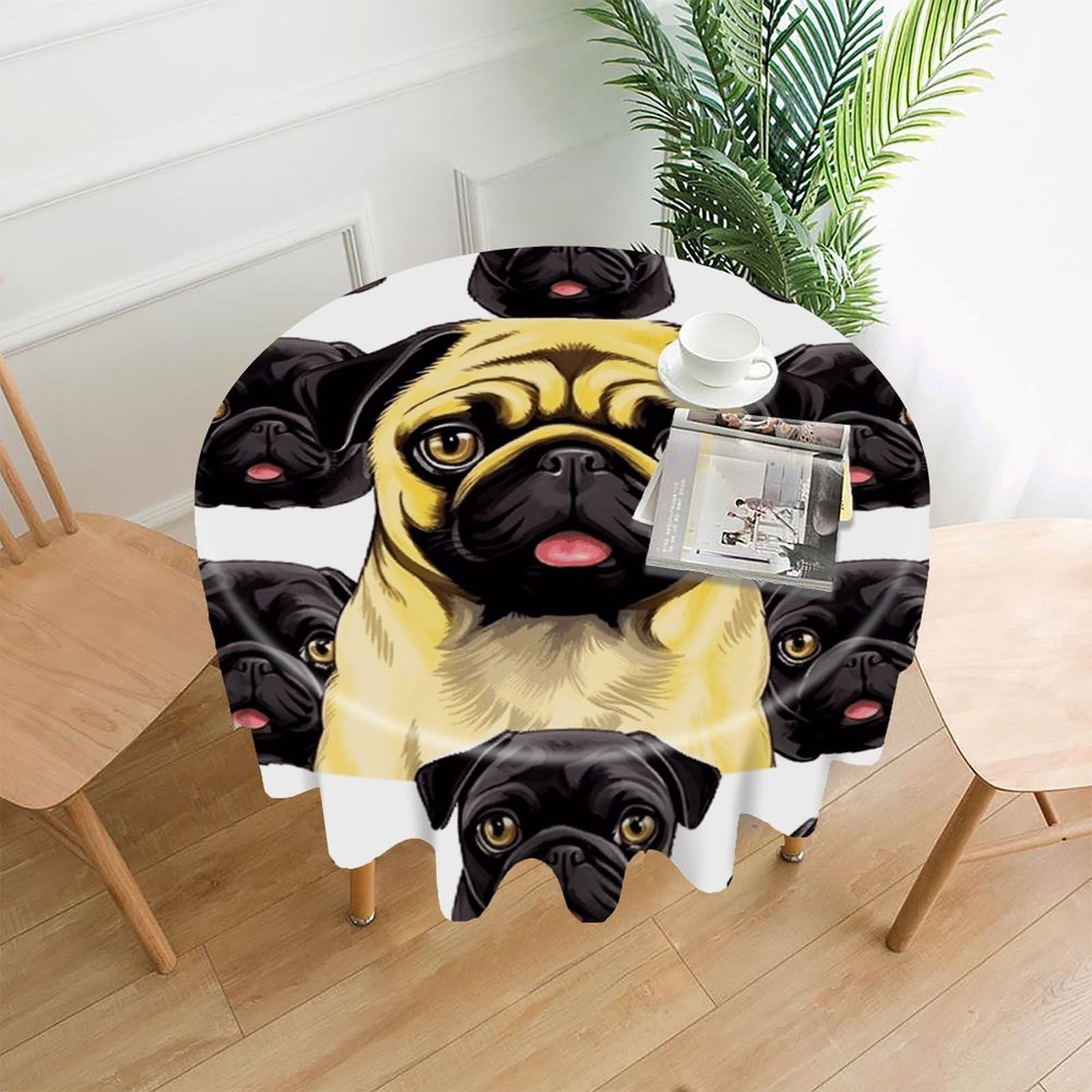 MUSM 60 Inch Black Yellow Pug Round Tablecloth Wipeable Washable Table Cover for Kitchen and Dining Room Decorative Table Cloth for Party Holiday Picnic Outdoor