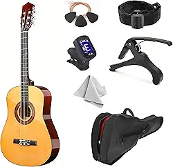 VEDO Kit de guitarra acústica para iniciantes de 39 polegadas, toda em madeira, com capa, 3 palhetas, cordas de nylon e guitarra acústica de cordas de nylon.