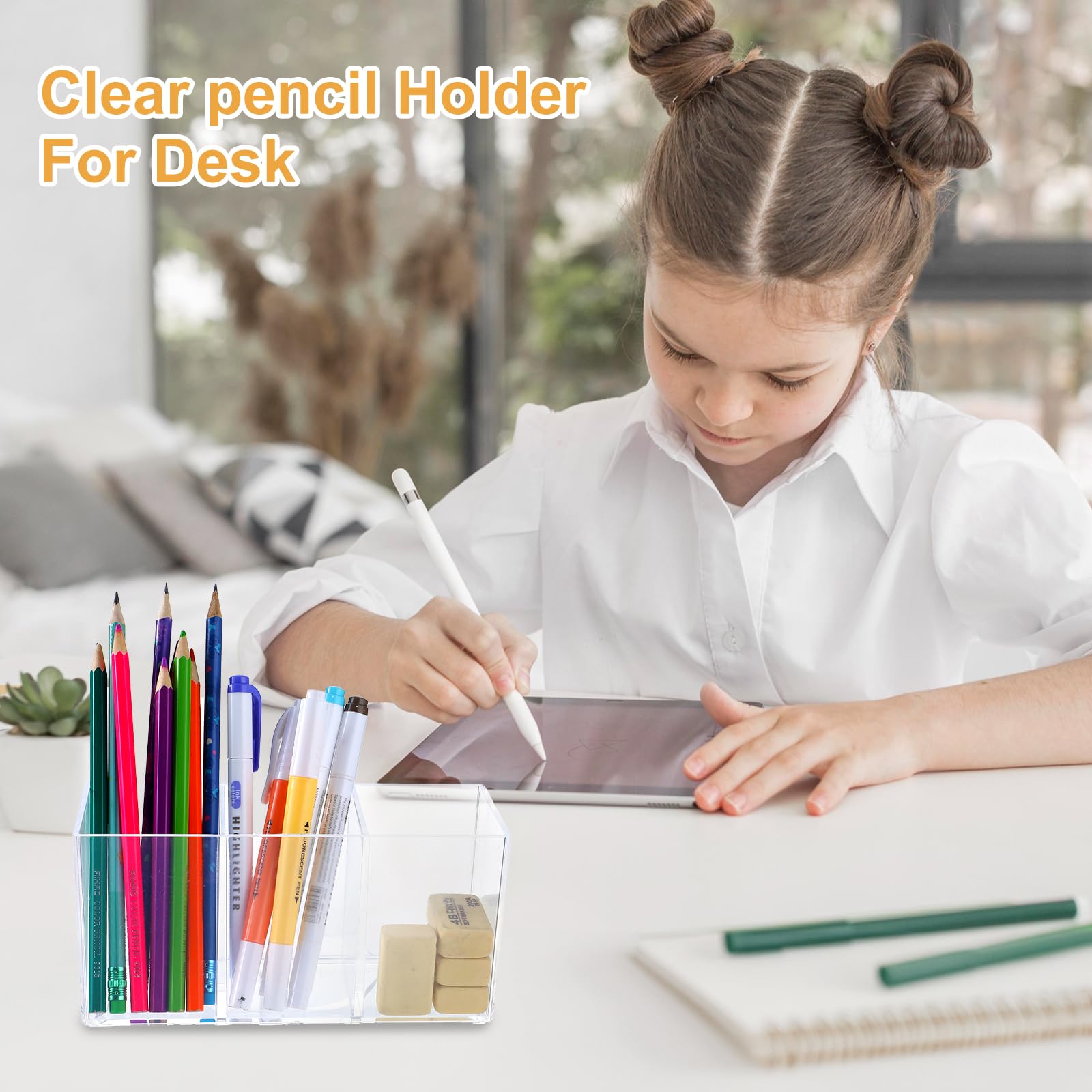 Lemecima Confezione da 5 portapenne in acrilico a 3 scomparti, trasparente, organizer per pennelli da trucco in acrilico, organizer per matite acriliche, per ufficio, casa, accessori da scrivania