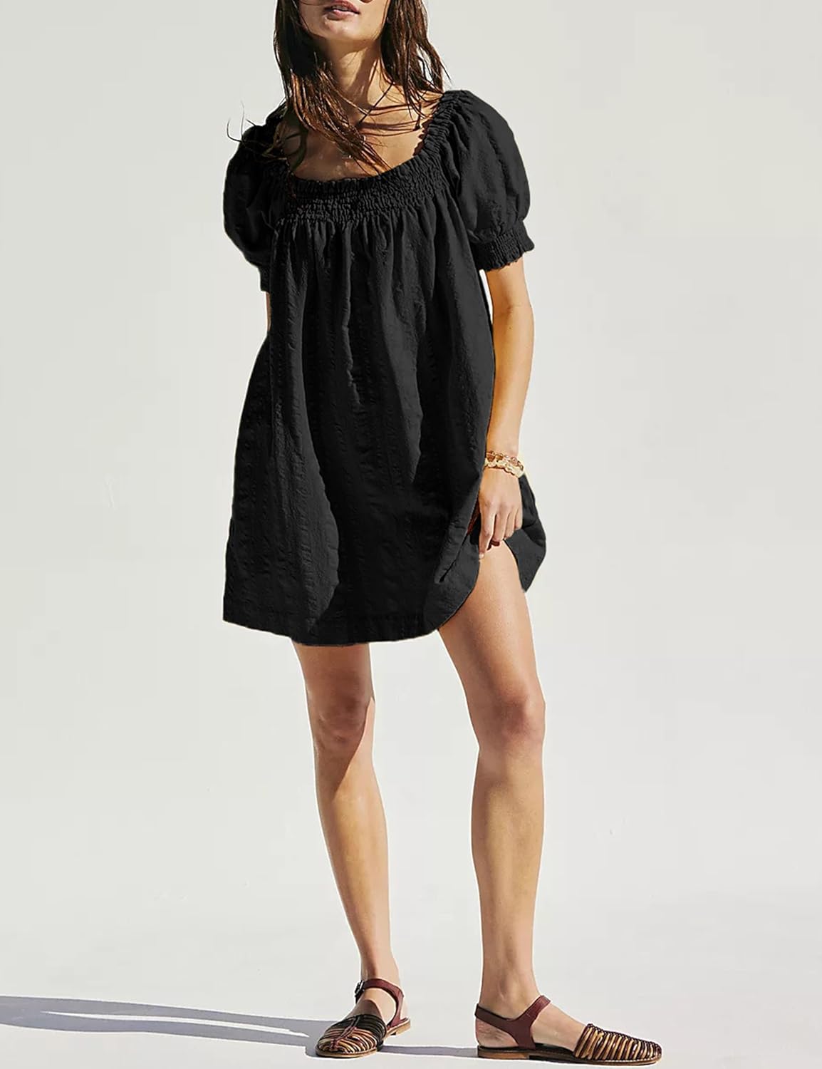 Huaqiao Womens Summer Mini Dress 2026 A-Line Square Neck Puff Sleeve Beach Sundress Casual Short Dress with Pockets