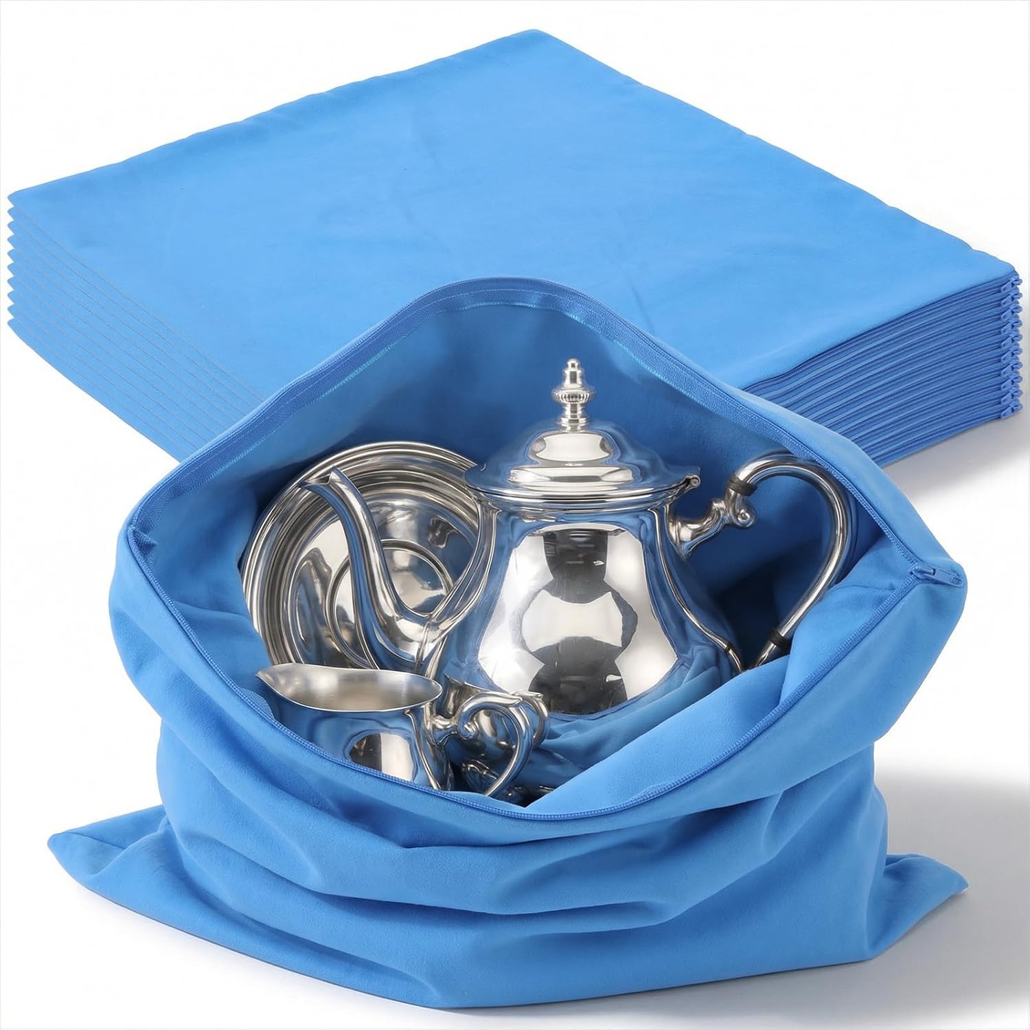 10pcs Zippered Silver Storage Bags,18 x 18 Inch Anti Tarnish Cloth Bags,Anti Tarnish Jewelry Bags for Silver Storage, Tray, Jewelry, Flatware, Polishing(Blue)