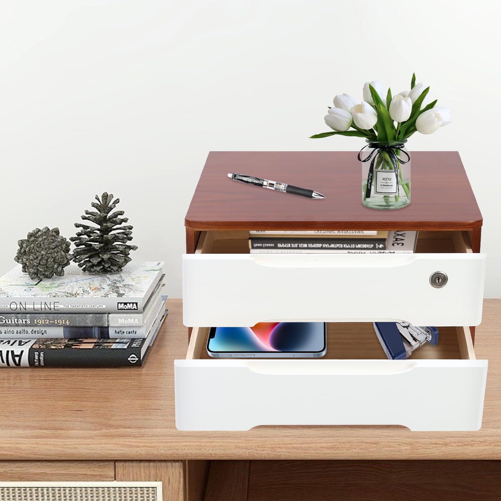 Organizador de Literatura de Madera con cajones y Cerradura, Armario de Almacenamiento de Escritorio, Organizador de cajones, Caja de Almacenamiento de Madera para Suministros del
