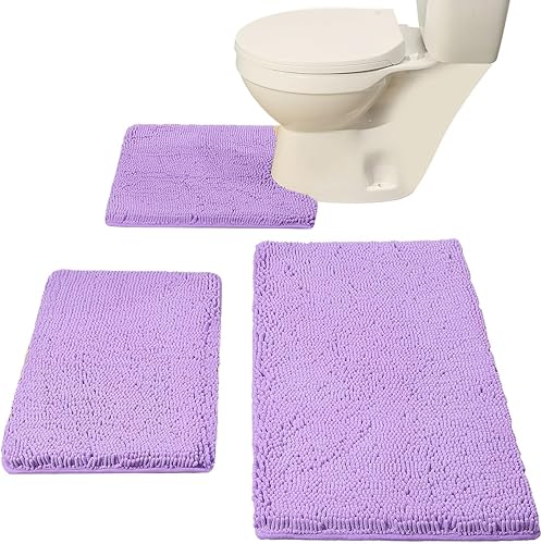 Miniatura 10 de Madeals Juego de alfombras de baño de 3 piezas, suaves y peludas, 2 piezas, tapete de ducha y tapete de inodoro en forma de U, geometría gris