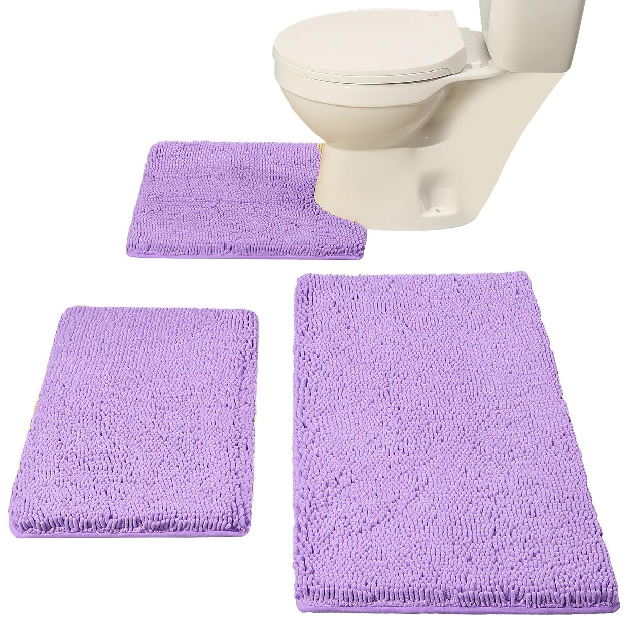 Madeals Lot de 3 tapis de bain doux à poils longs et contour des toilettes en forme de U - Lavande