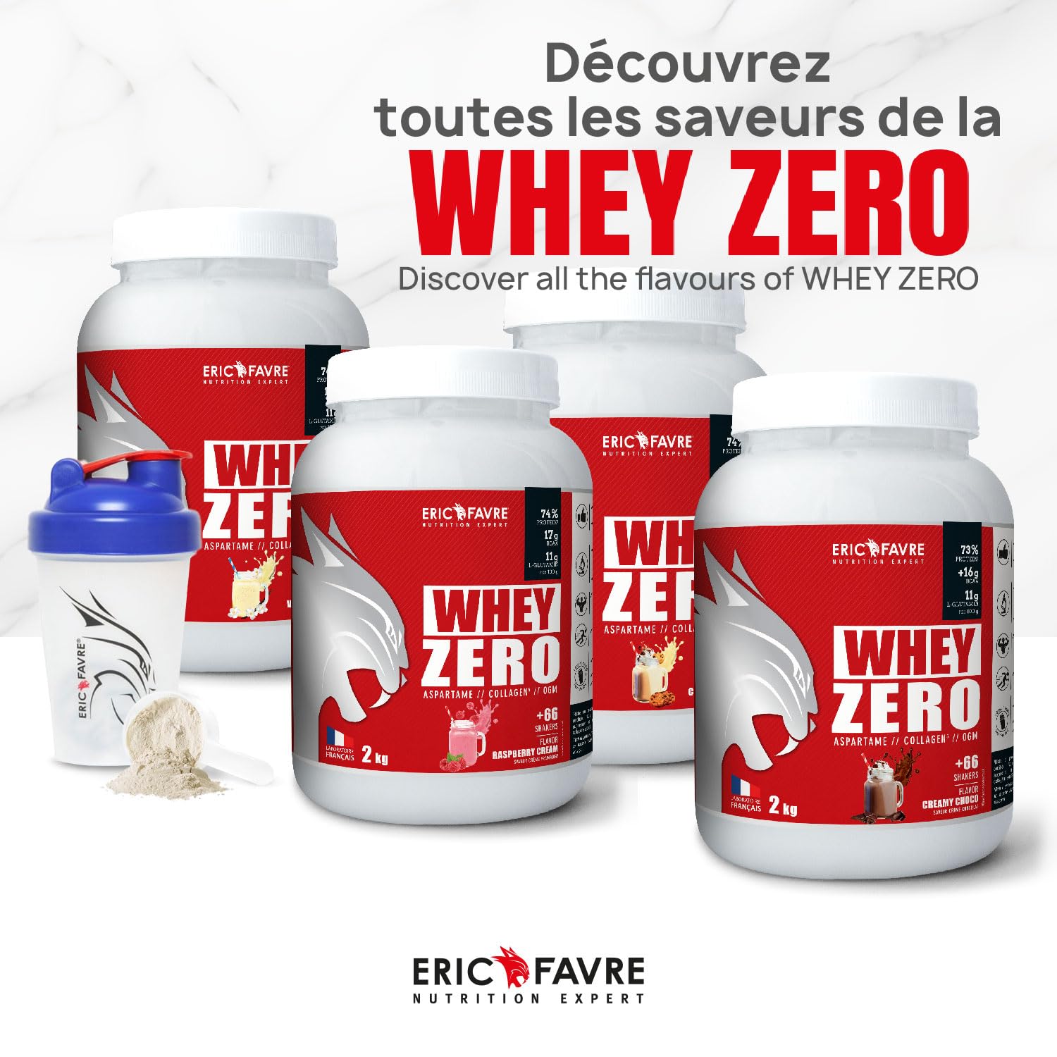 WHEY ZERO +74% de Protéine Whey Concentrée, Faible en Sucre, Construction/Récupération Musculaire - 2kg - Saveur Chocolat - Eric Favre